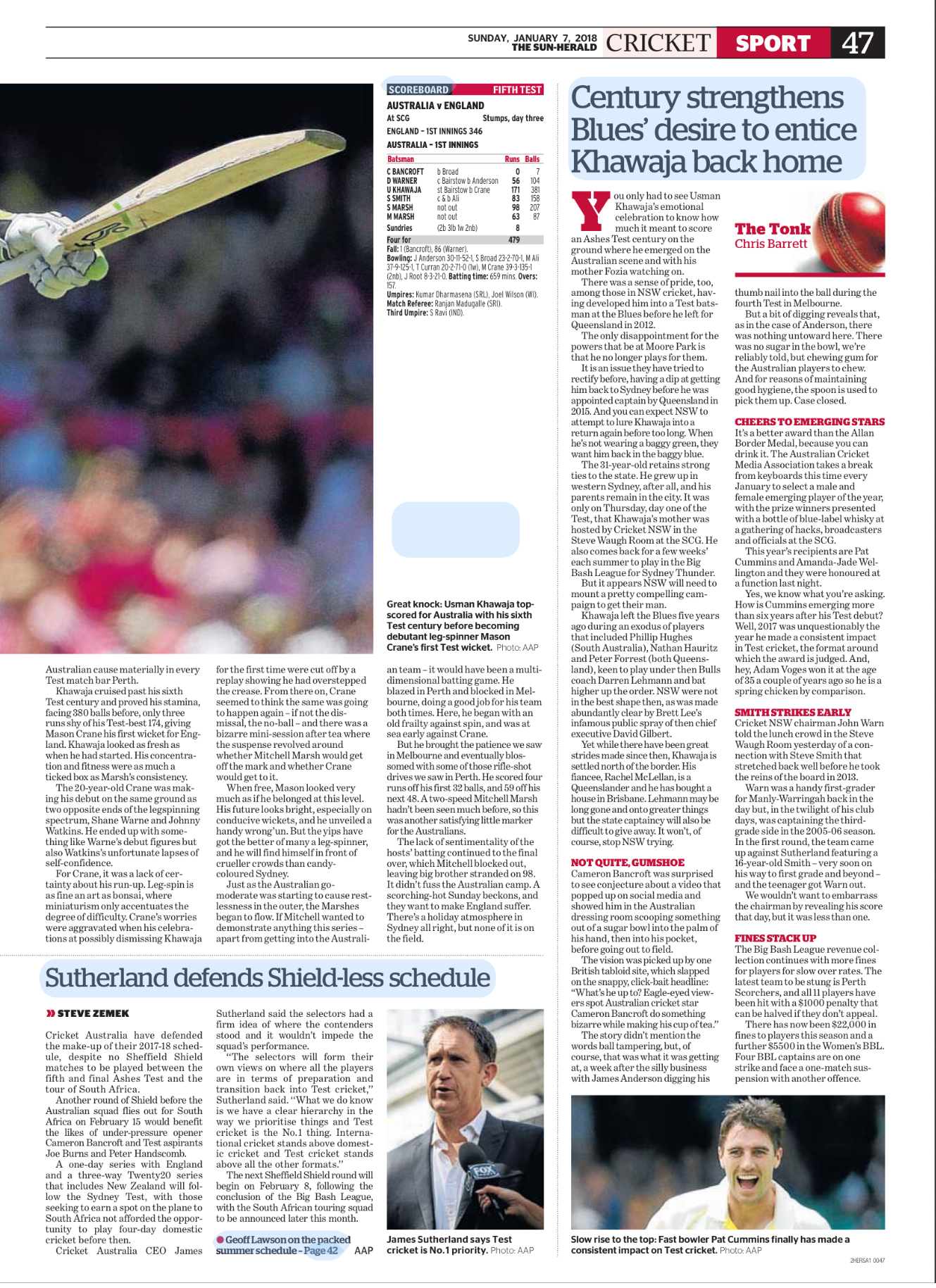 Newspaper page from The Sun-Herald, dated Sunday, January 7, 2018, featuring sports news about cricket. The page includes an article with a photo of a cricket player in action, a scoreboard, and headlines discussing cricket matches, players, and team