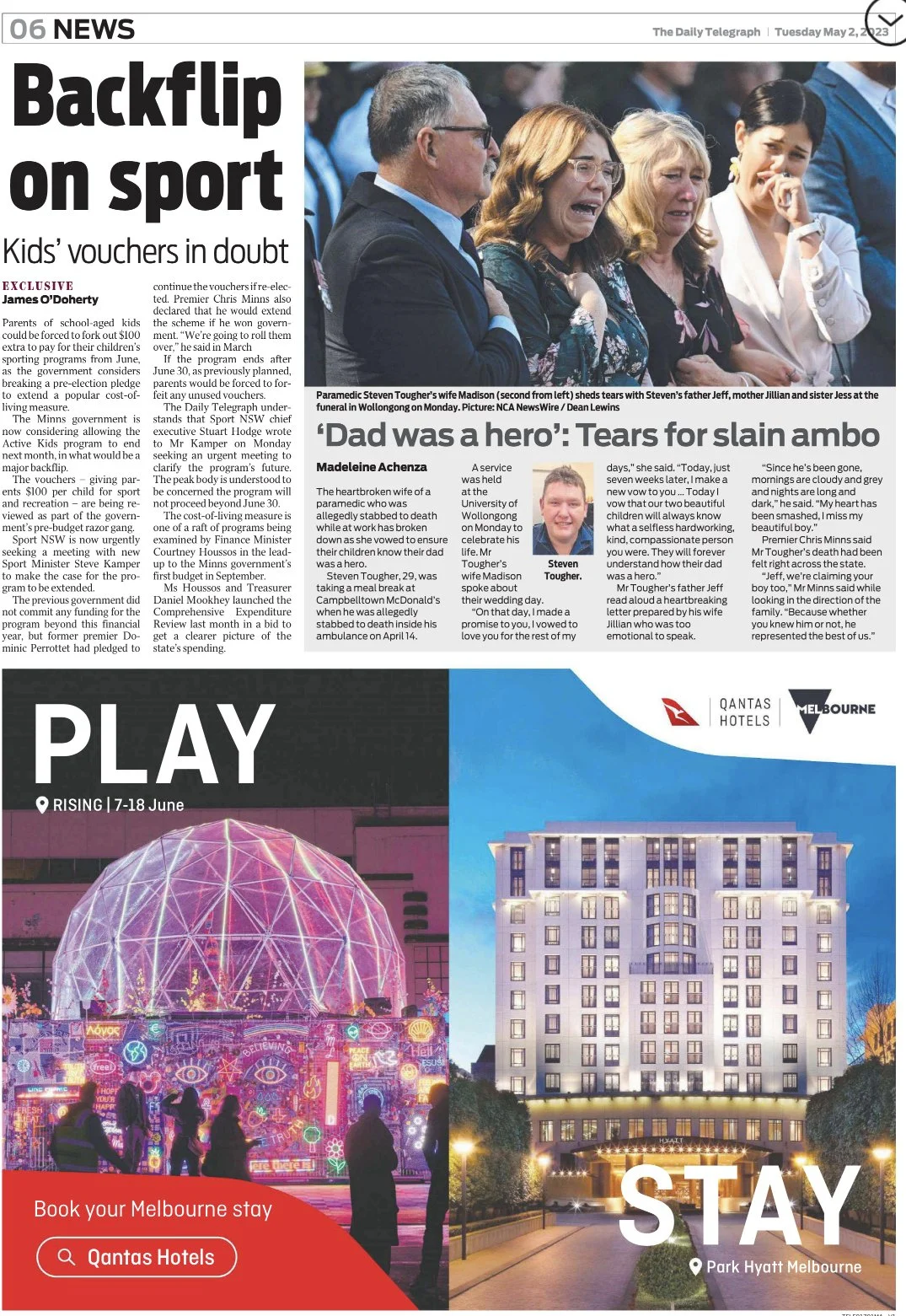 A newspaper page with a headline about a paramedic's wife shedding tears at her husband's funeral, and an advertisement for Qantas Hotels featuring images of a glowing geodesic dome event and a hotel building in Melbourne.