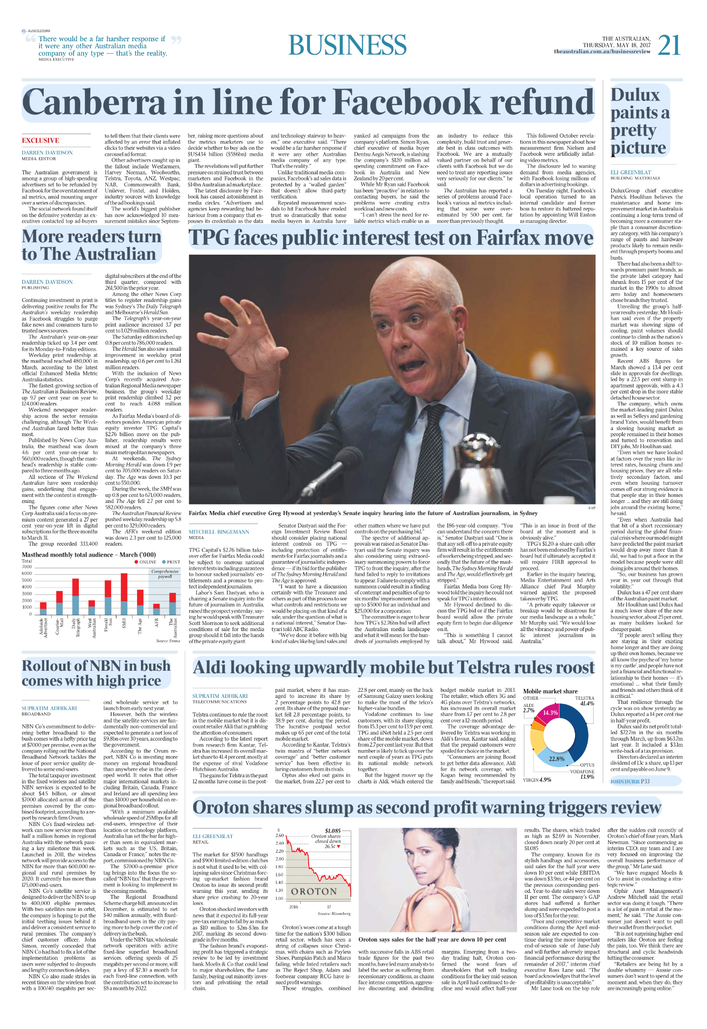 Newspaper page titled 'Canberra in line for Facebook refund' with a photo of Fairfax Media chief executive Greg Hywood speaking at a hearing.