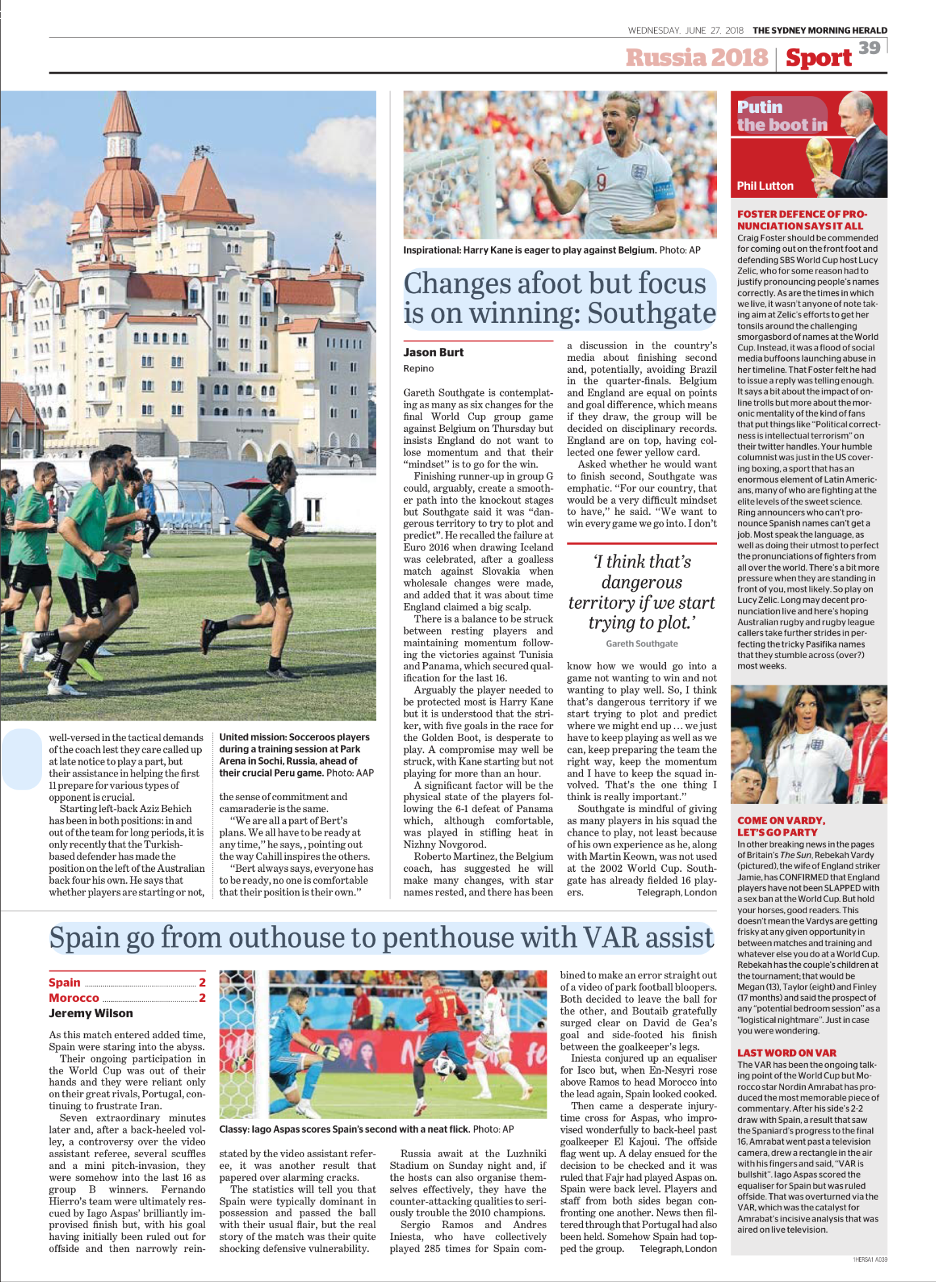 A newspaper sports page featuring a large photo of young soccer players practicing outdoors with a castle-like building in the background, and some smaller images. The main photo shows boys running on a field, wearing green and black sports uniforms.