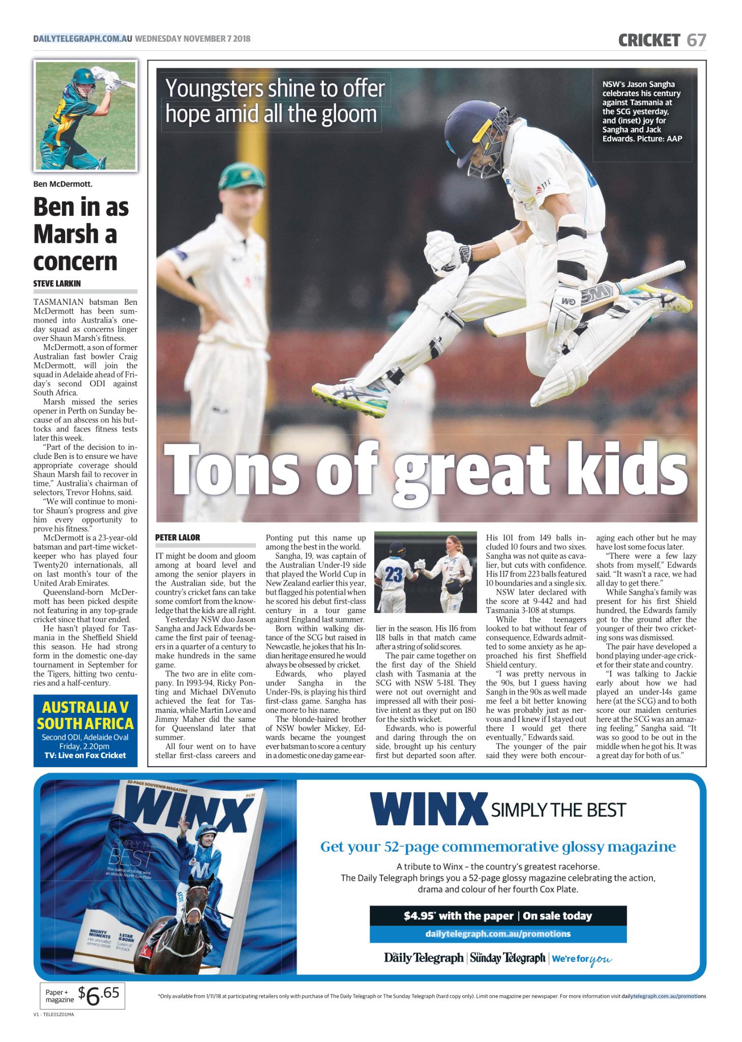 A cricket player in white uniform and helmet jumping in mid-air, holding a cricket bat, with a blurred player and an umpire in the background.