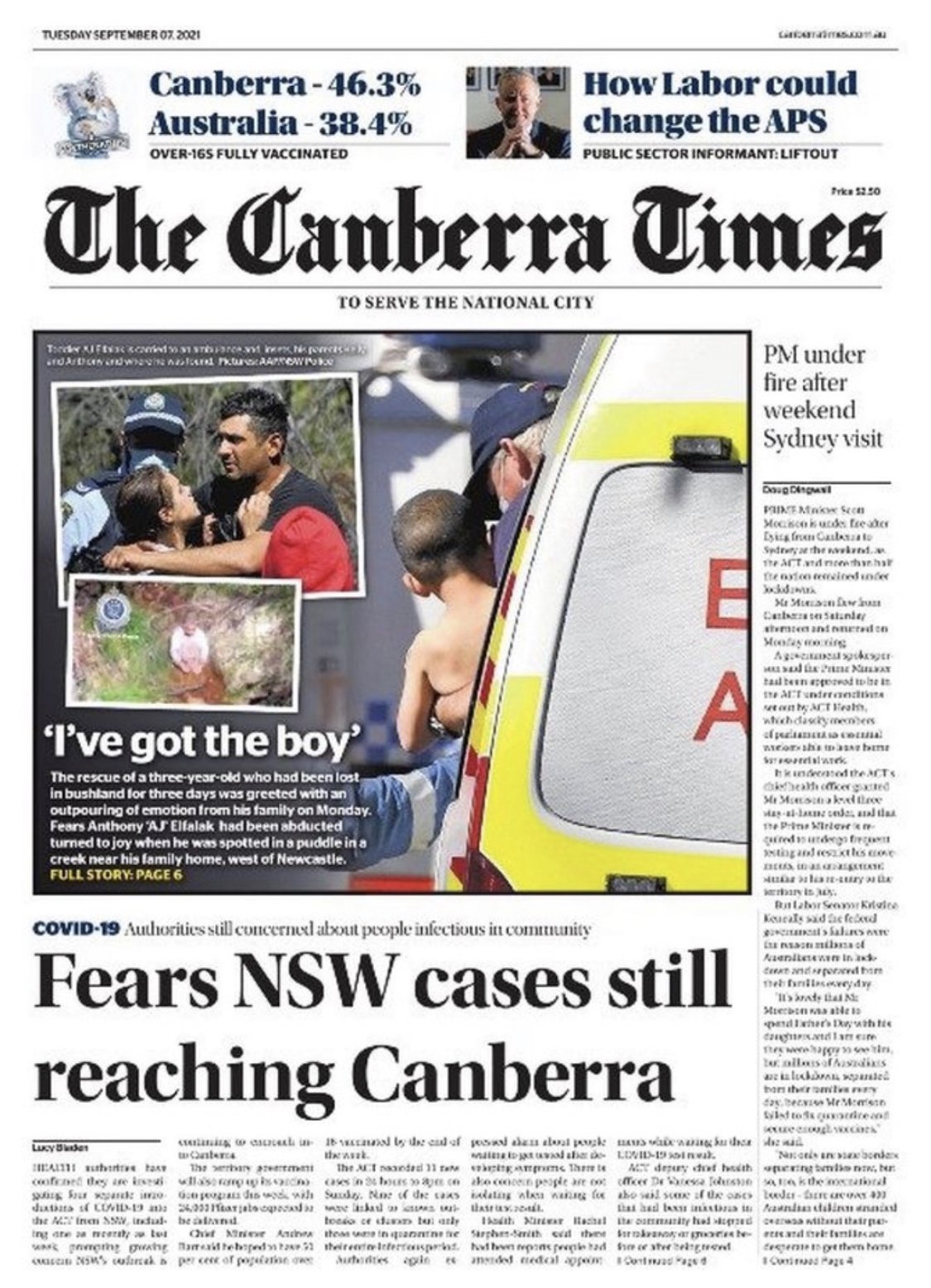 Front page of The Canberra Times newspaper with headlines about COVID-19 fears in NSW, and a story about a boy being rescued from a creek, featuring photographs of the rescue and a child crying. The top section includes COVID-19 vaccination statistic