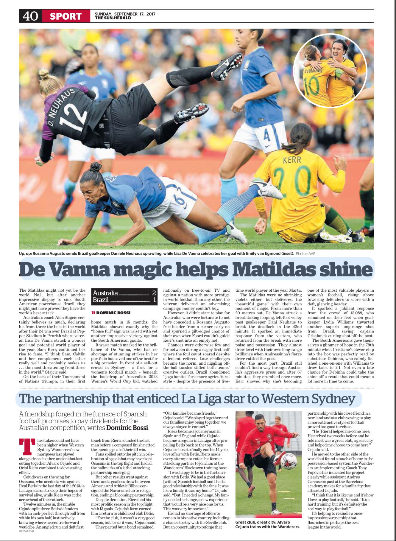 A soccer match between Brazil and Australia, with a Brazilian goalkeeper mid-air making a save as Australian players and a referee look on, during a Women's World Cup game.