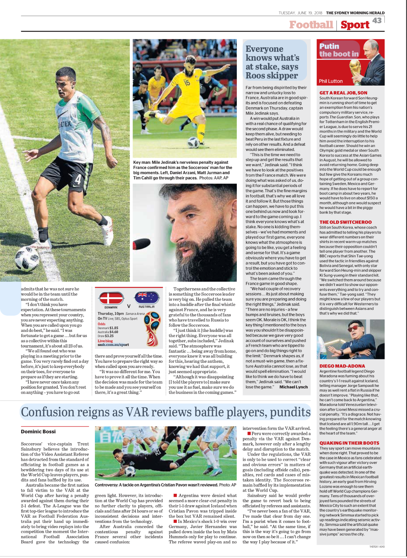 Page from a sports newspaper with images and articles about football. Includes photos of a young football player with a soccer ball, a coach or commentator with a microphone, and a match between Denmark and Australia.