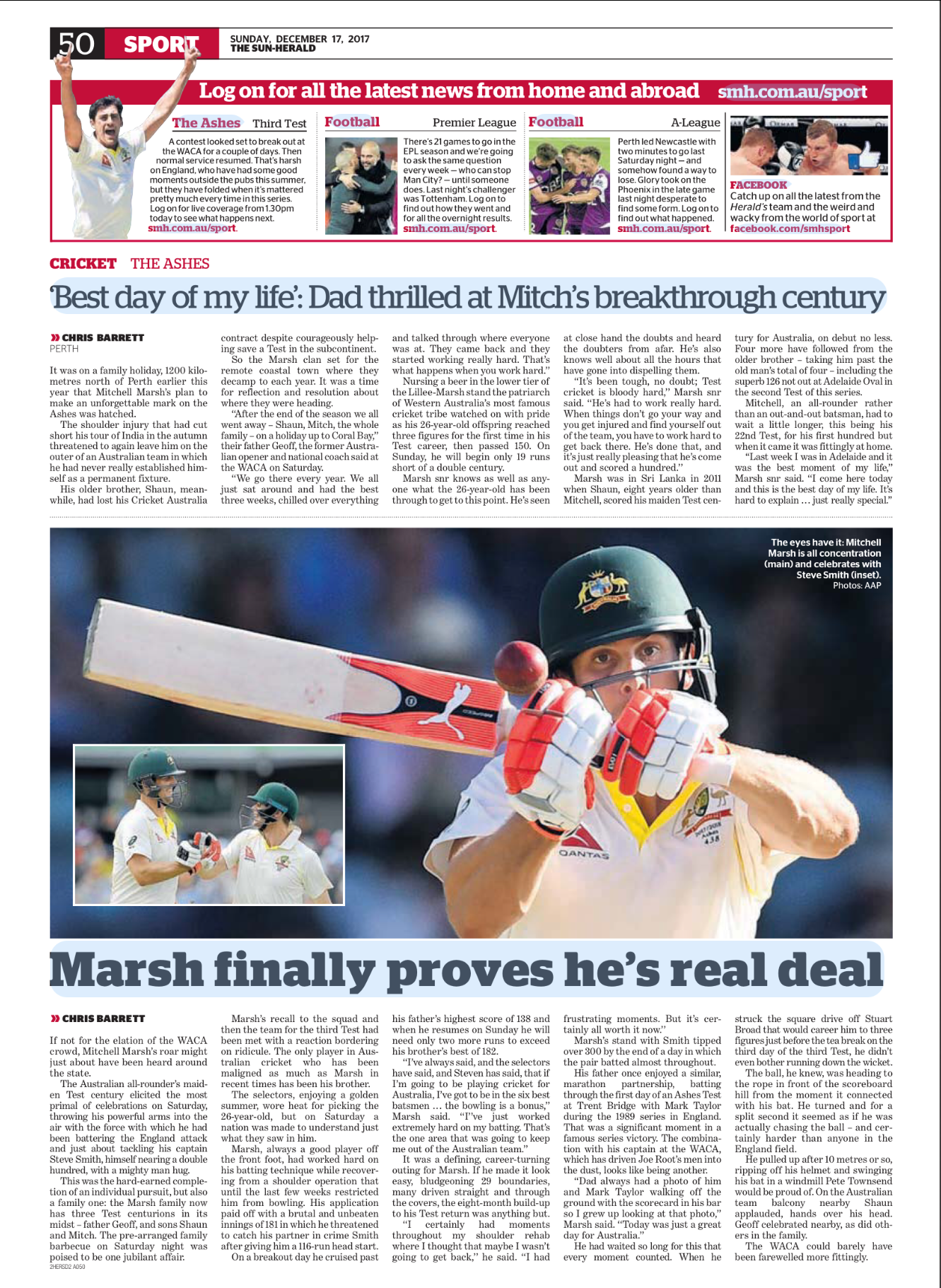 Newspaper page featuring a cricket article with a large photo of a cricket player holding a bat and wearing a helmet, along with two smaller photos of cricket players. The headline reads, "Marsh finally proves he's real deal."