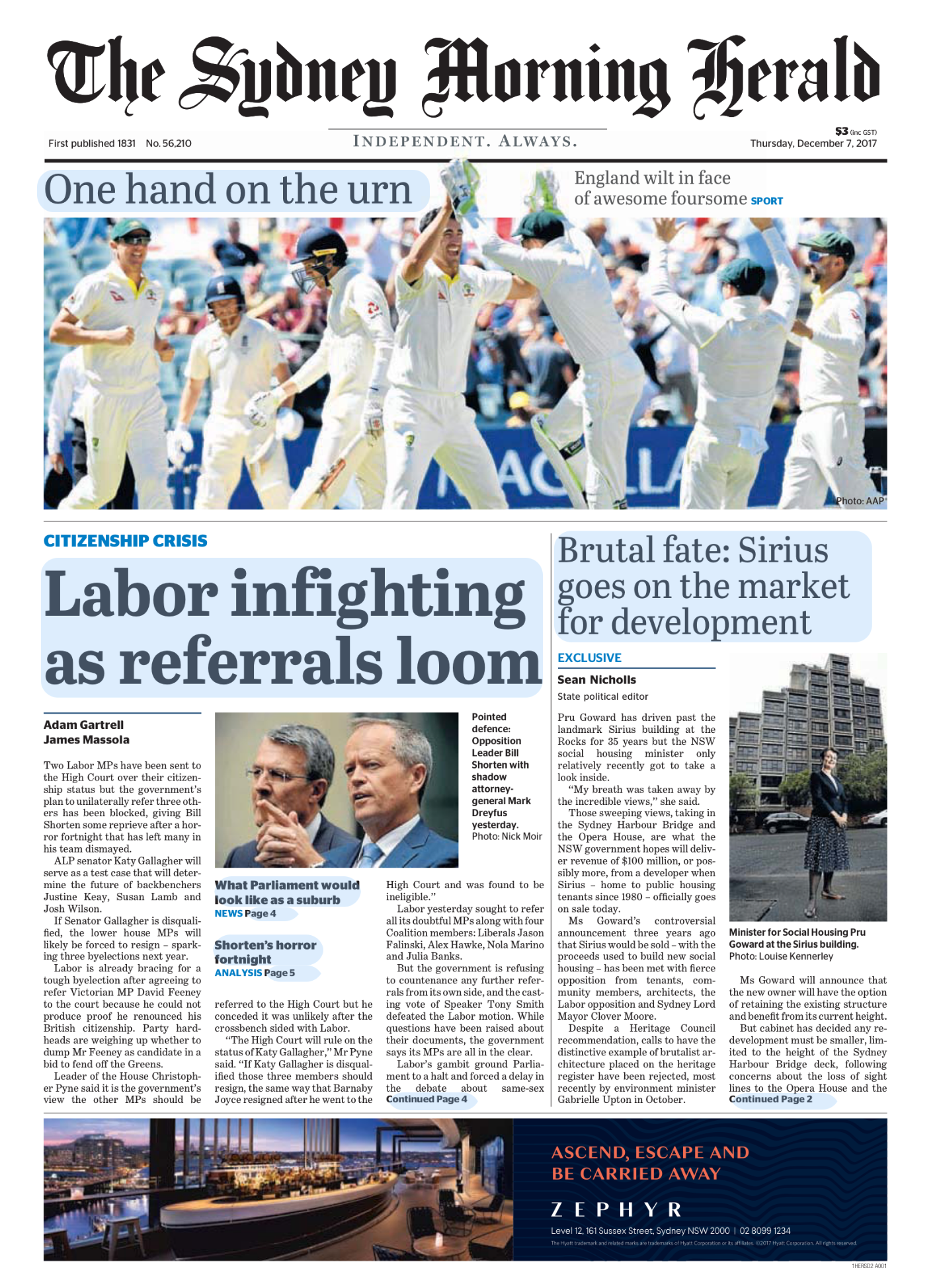 Front page of The Sydney Morning Herald newspaper dated December 7, 2017, featuring a cricket team celebrating on the field, headlines about labor infighting and Sirius development, and a photograph of Australian politician Pru Goward.