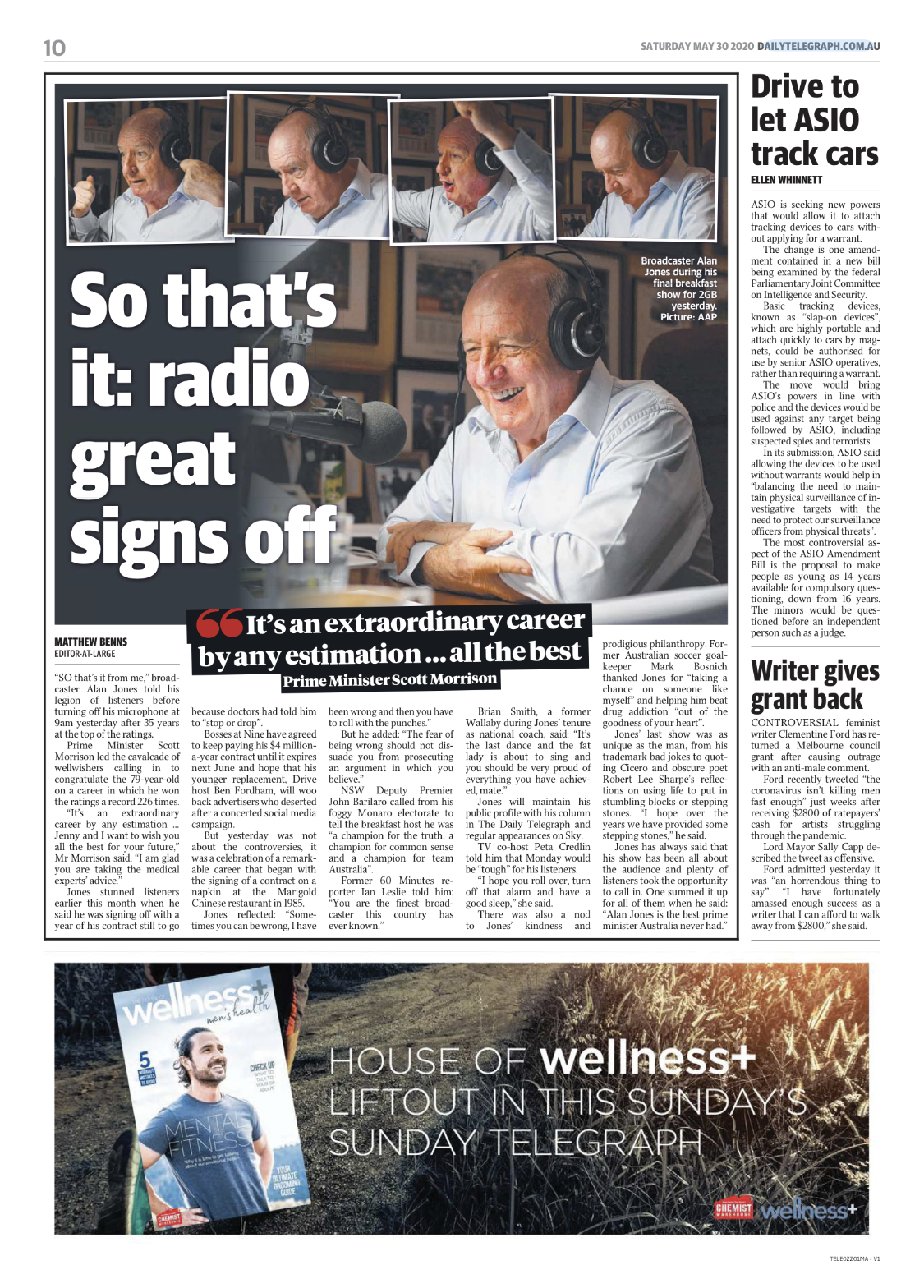 Newspaper page with photos of Alan Jones speaking into a microphone and laughing, with the headline 'So that’s it: radio great signs off' and an article about his retirement from radio broadcasting.