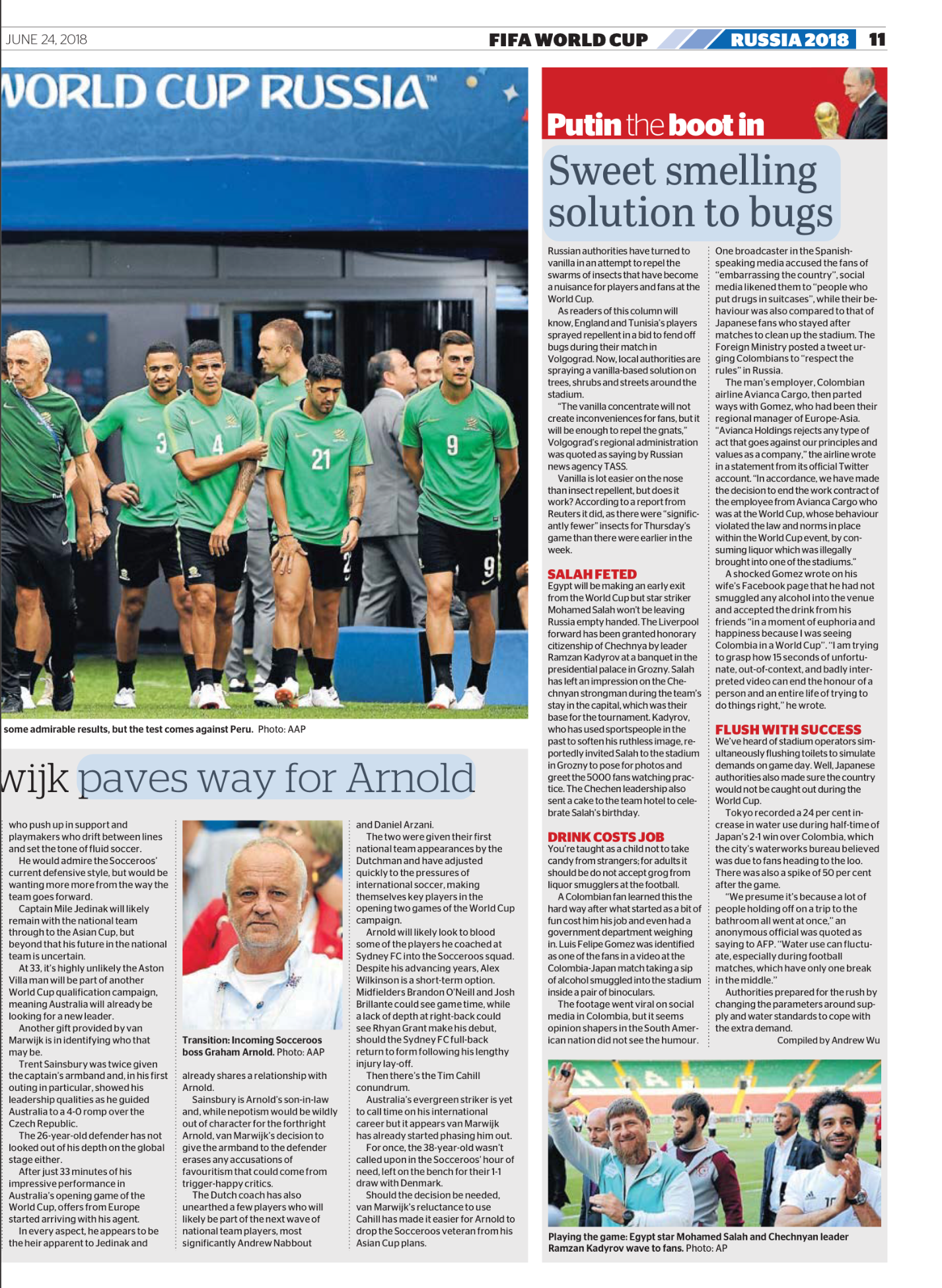 A group of male soccer players walking on a field, wearing green jerseys with black shorts, during a World Cup event in Russia 2018. Some players are looking around, and there are officials and staff nearby.