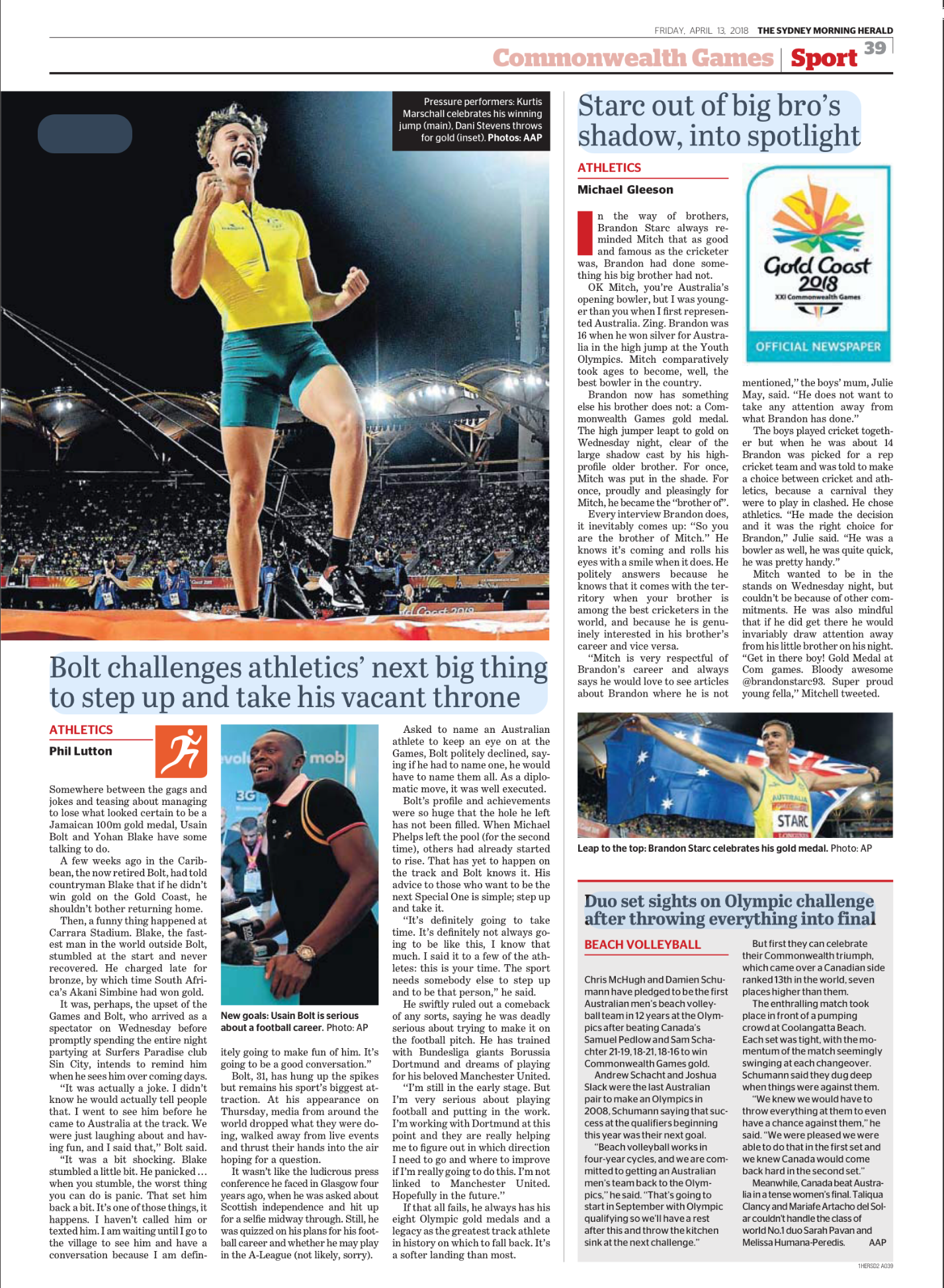 Celebration of Australian Olympic athlete Brandon Starc winning gold in high jump at the Commonwealth Games, standing on the podium with a medal and flag, surrounded by a stadium crowd.