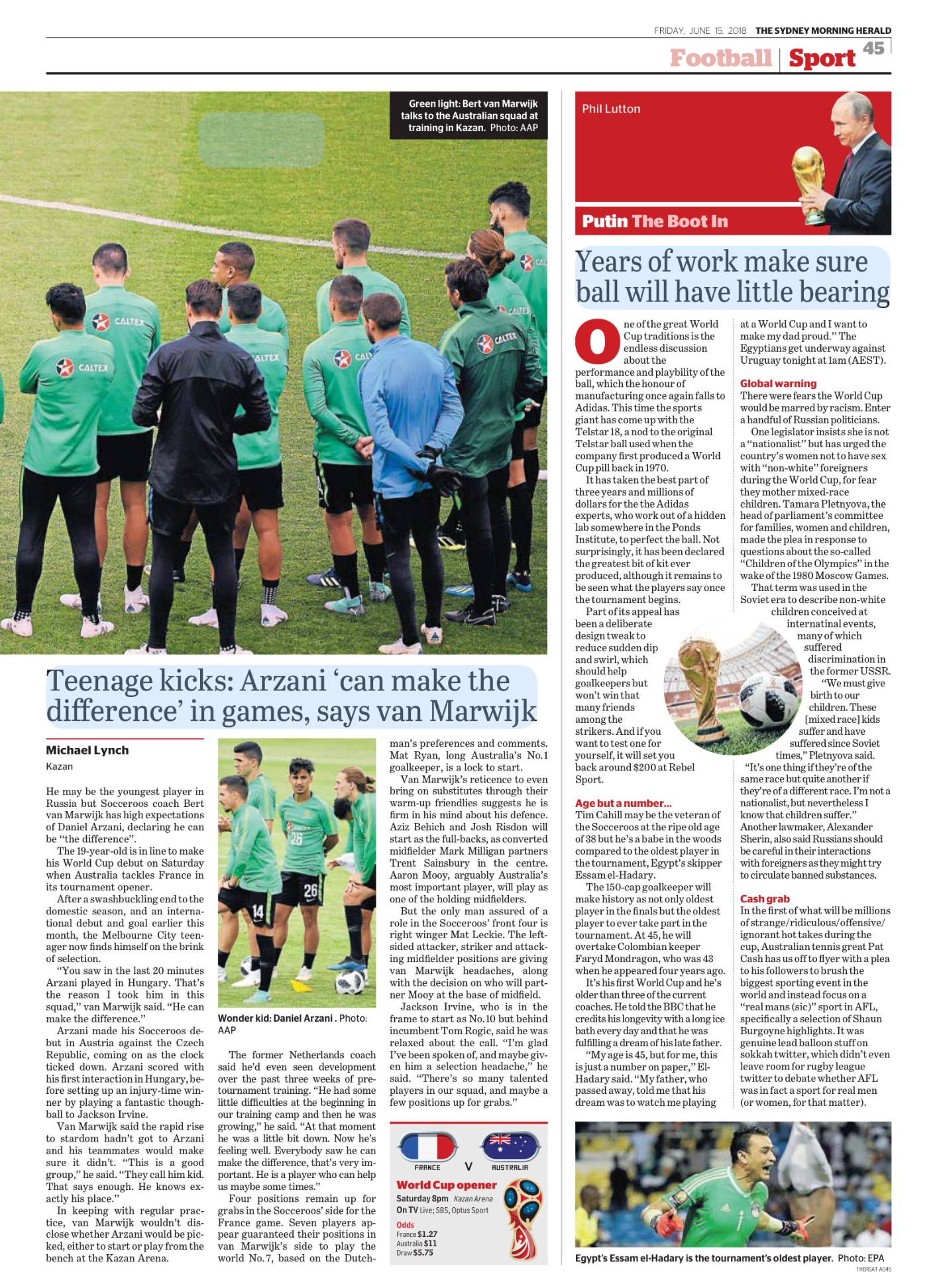 Sports newspaper page featuring a soccer training session with a group of young male players and coaches on the field, and an article discussing Erzan’s chances in games, soccer legends, and World Cup insights.
