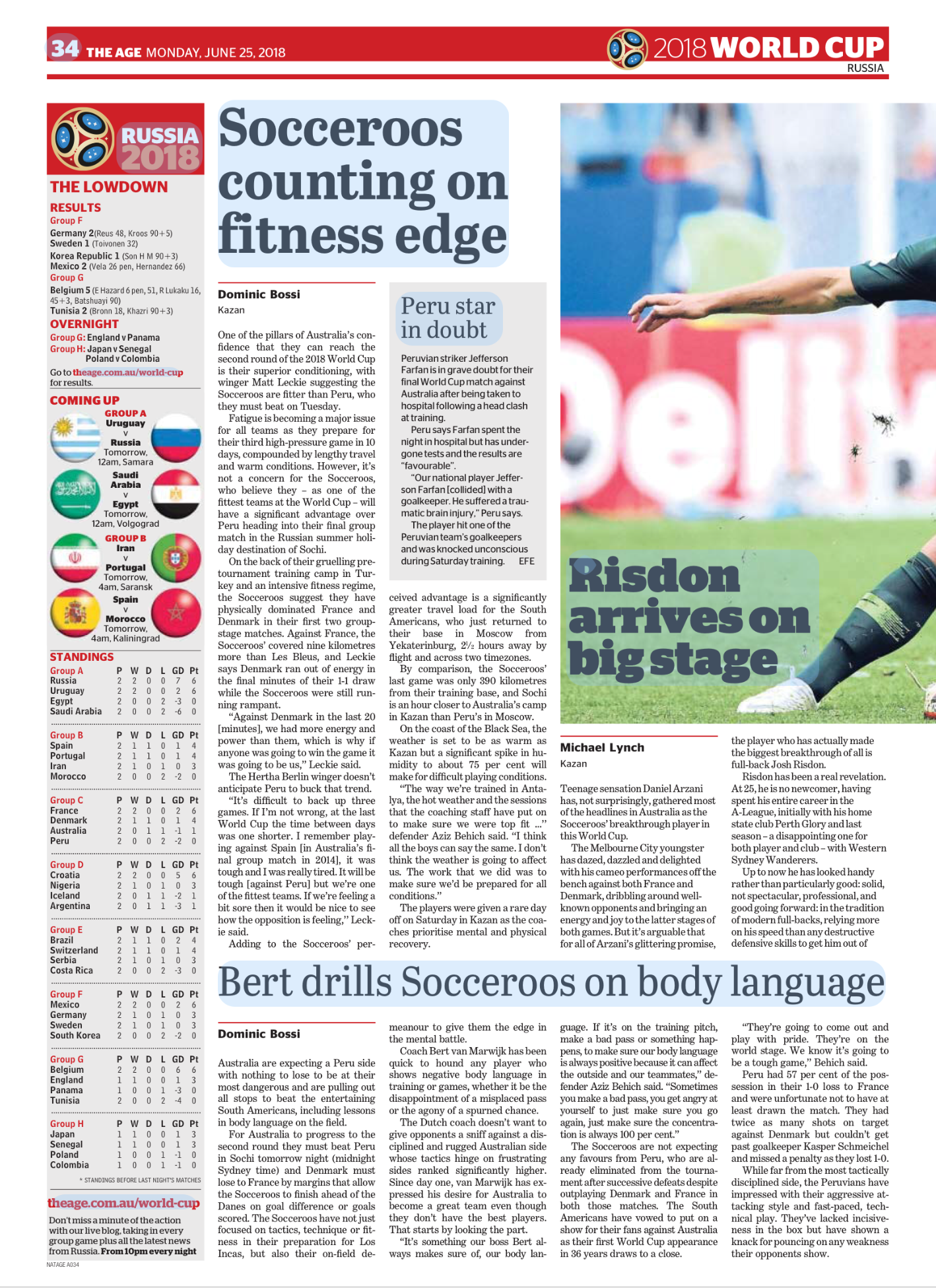 Sports newspaper article about soccer match update, featuring a photo of a soccer player in action, wearing a green jersey, on the field.