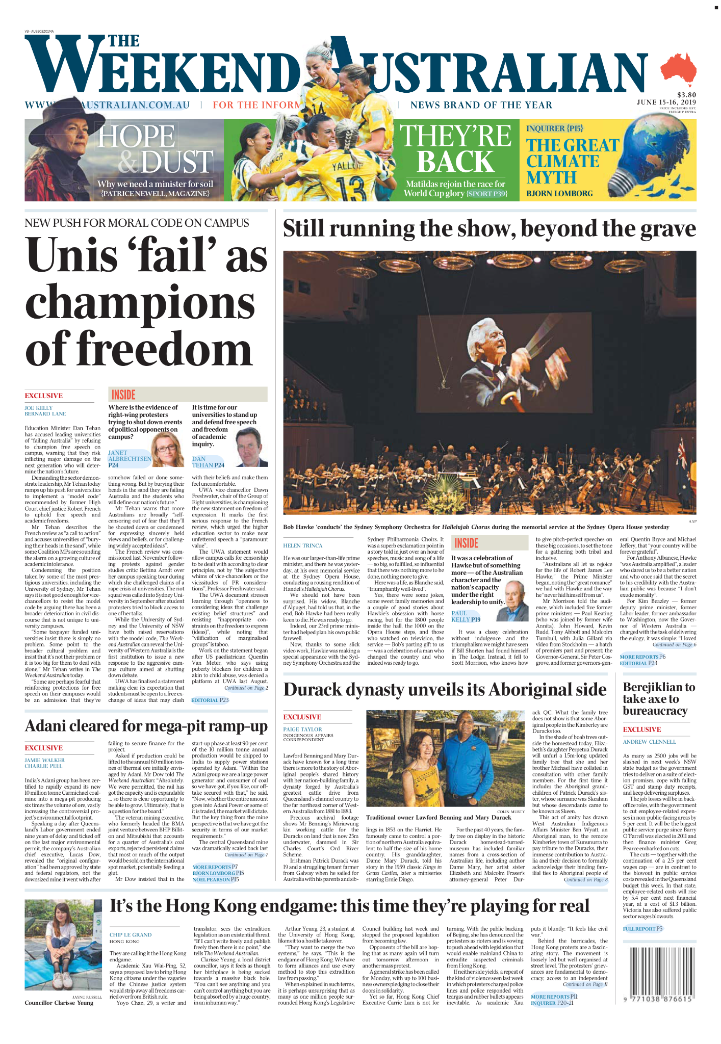 Front page of The Weekend Australian newspaper, June 15-16, 2019, featuring headlines on university failures, the Sydney Symphony Orchestra, an Aboriginal dynasty, and Hong Kong protests, with photos of sports and political figures.