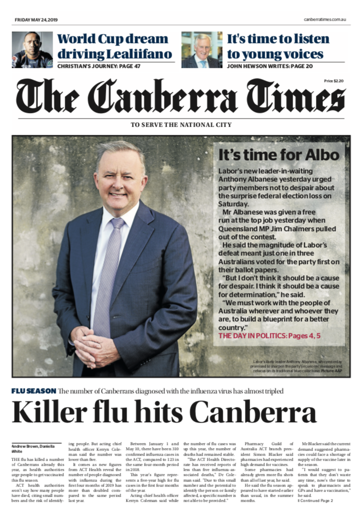 Front page of The Canberra Times newspaper dated Friday, May 24, 2019. Features headlines about the World Cup dream for Lealiifano and the importance of listening to young voices, a main article about Anthony Albanese and Labor’s new leader-in-waitin
