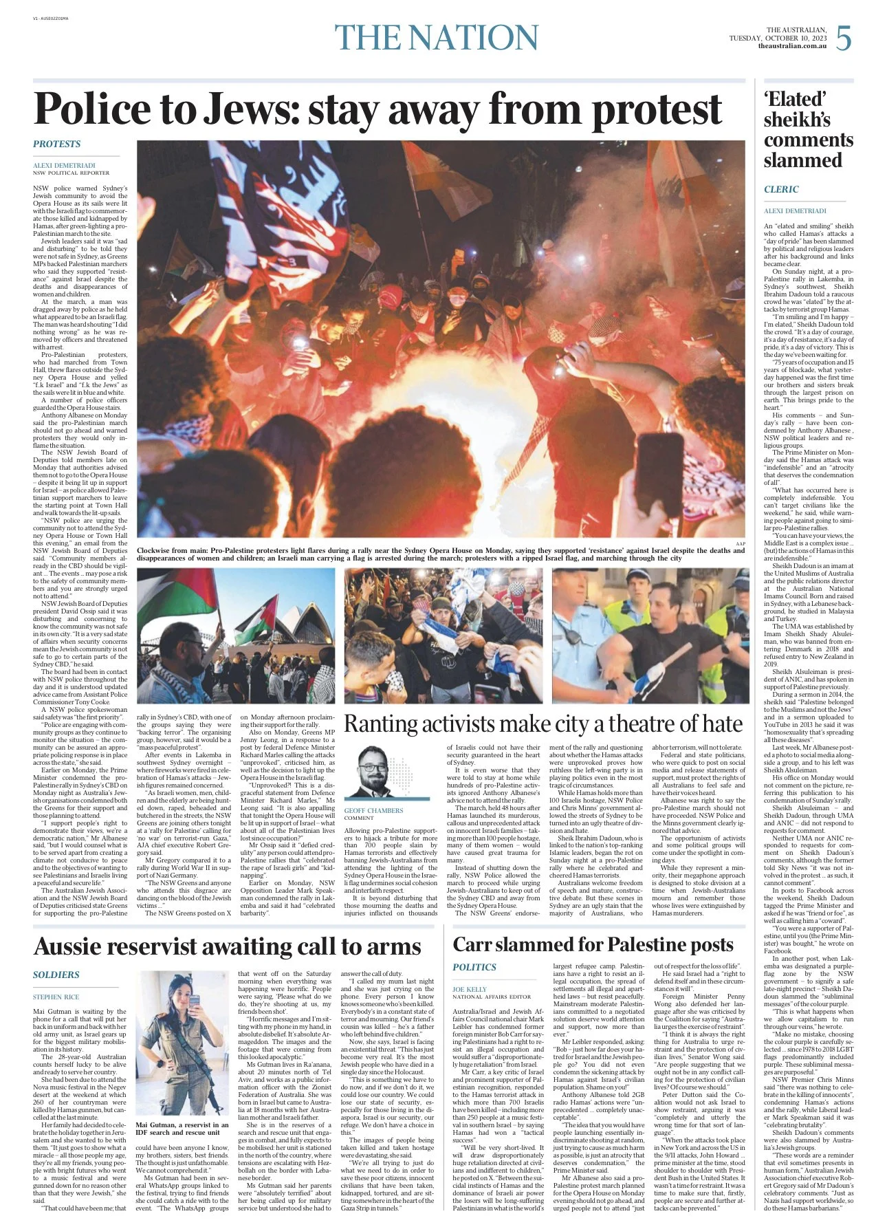 Newspaper front page featuring articles about a protest where police advise Jews to stay away, activists protesting against Israel, and a car collision in Palestine. The main photo shows pro-Palestine protesters burning flares during a rally at the S