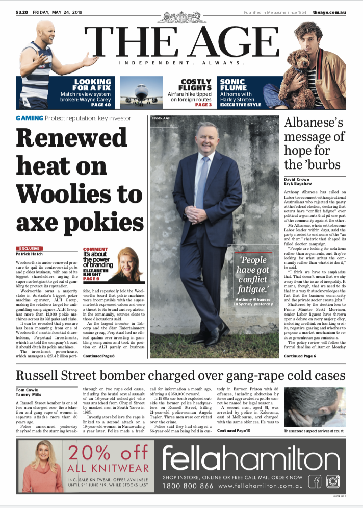 Front page of The Age newspaper, dated Friday, May 24, 2019, featuring headlines about gaming, Albanese's political message, and a story about Russell Street bomber with a photo of a man in a suit. The page includes various articles and advertisement