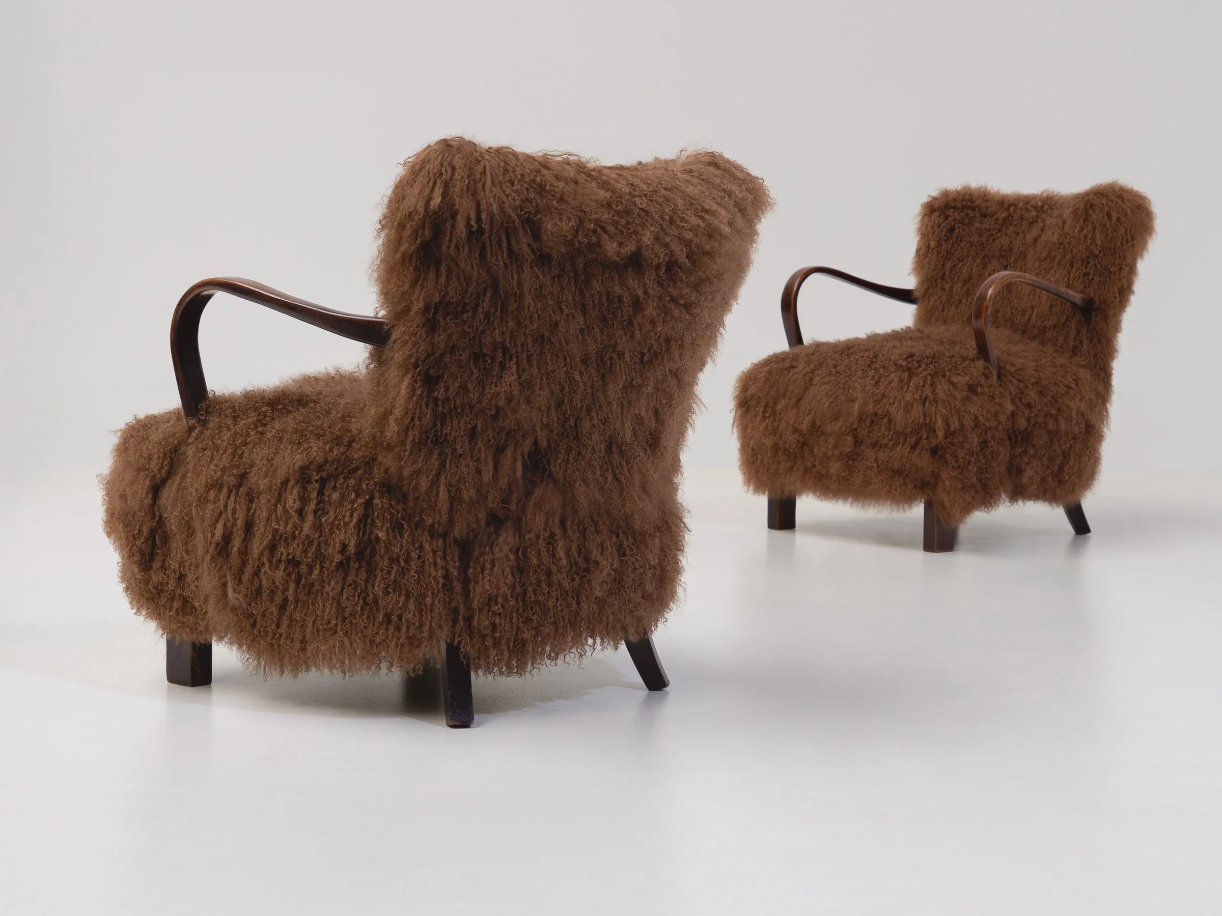 Pair of Curly Caramel Sheepskin Armchairs, 1950s <br><br>