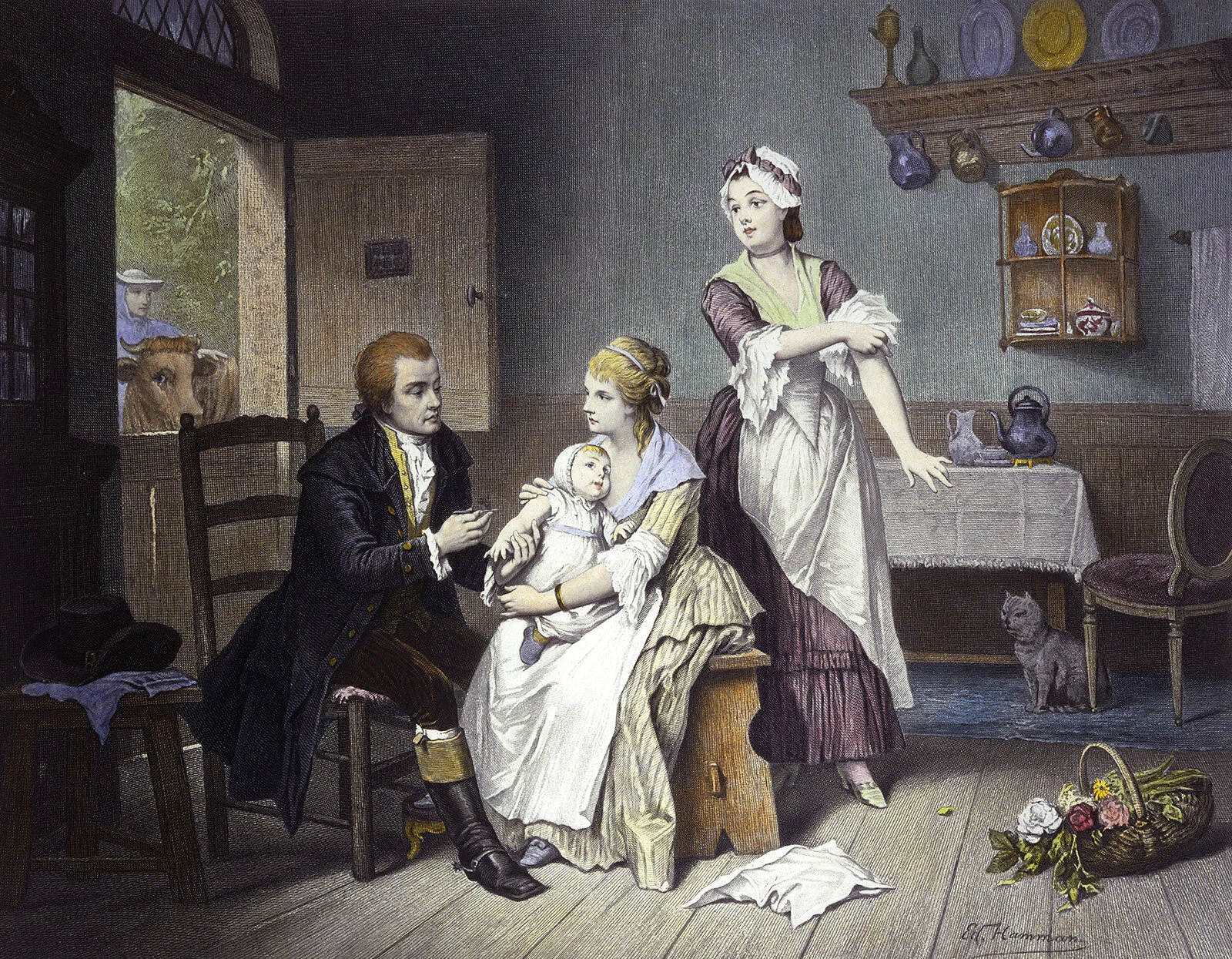 Edward Jenner vaccinating his child against smallpox; coloured engraving. Wellcome Library, London (CC BY 4.0)