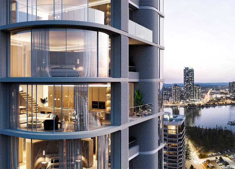 THE MONACO, MAIN BEACH APARTMENTS    The Monaco  at Main Beach in Gold Coast, Australia is a collection of high-end palatial single and double-storey full-floor luxurious sky villas. It includes an innovative sky garage accessed via a drive-in elevator providing unparalleled convenience and privacy.