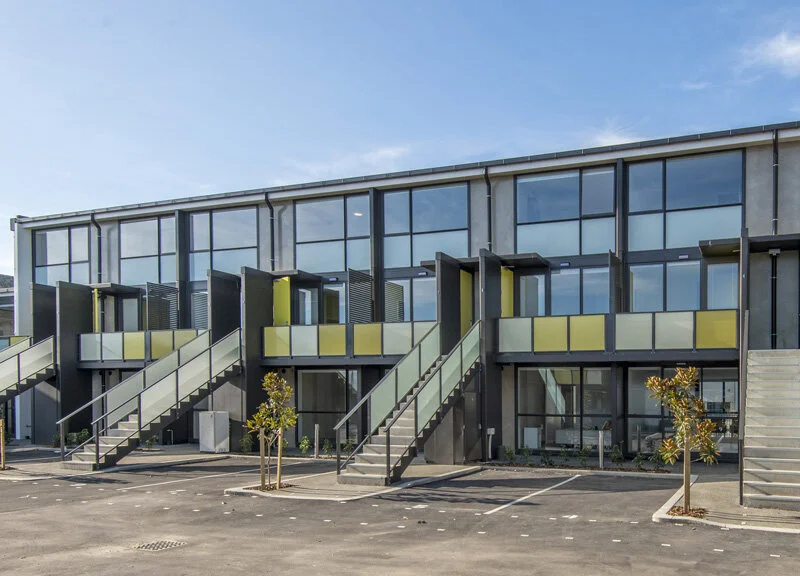 STALLA APARTMENTS, CHRISTCHURCH   The brief was an innovative development solution, providing NZ’s first mixed-tenure housing option. With Christchurch looking at new and better ways of developing housing options for its community, Stalla Apartments is comprised of 26, single level, 1-2 bedroom terraced apartments in 2 separate buildings.