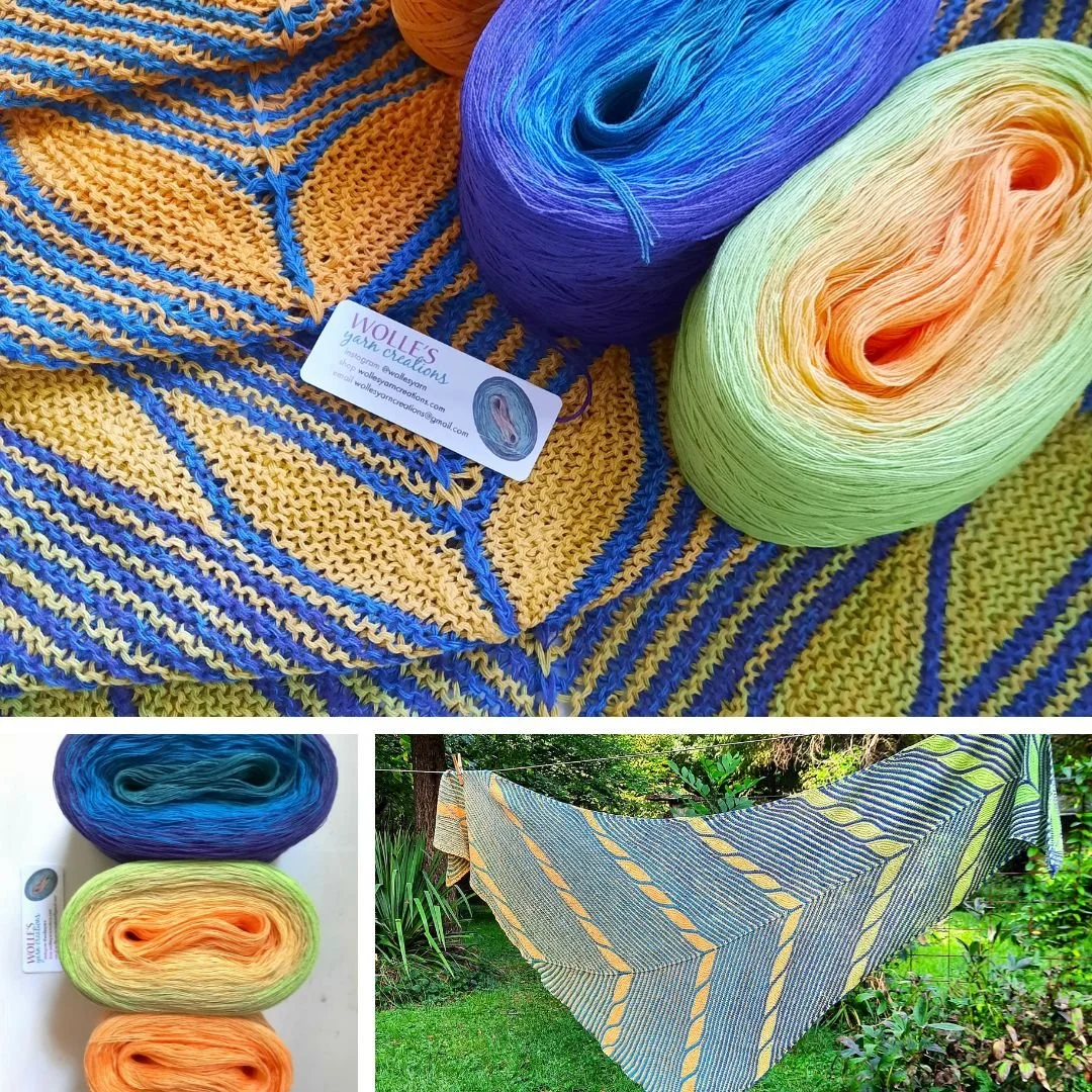 New shawl: Ukraine Snood (free pattern by Svetlana Gordon) knitted in colors PURPLE and SQUASH. Beautiful asymmetrical shawl with a pretty leaf motif. We have kits on our website: wollesyarncreations.com/kits 😀Thank you to Bitty for knitting this sh