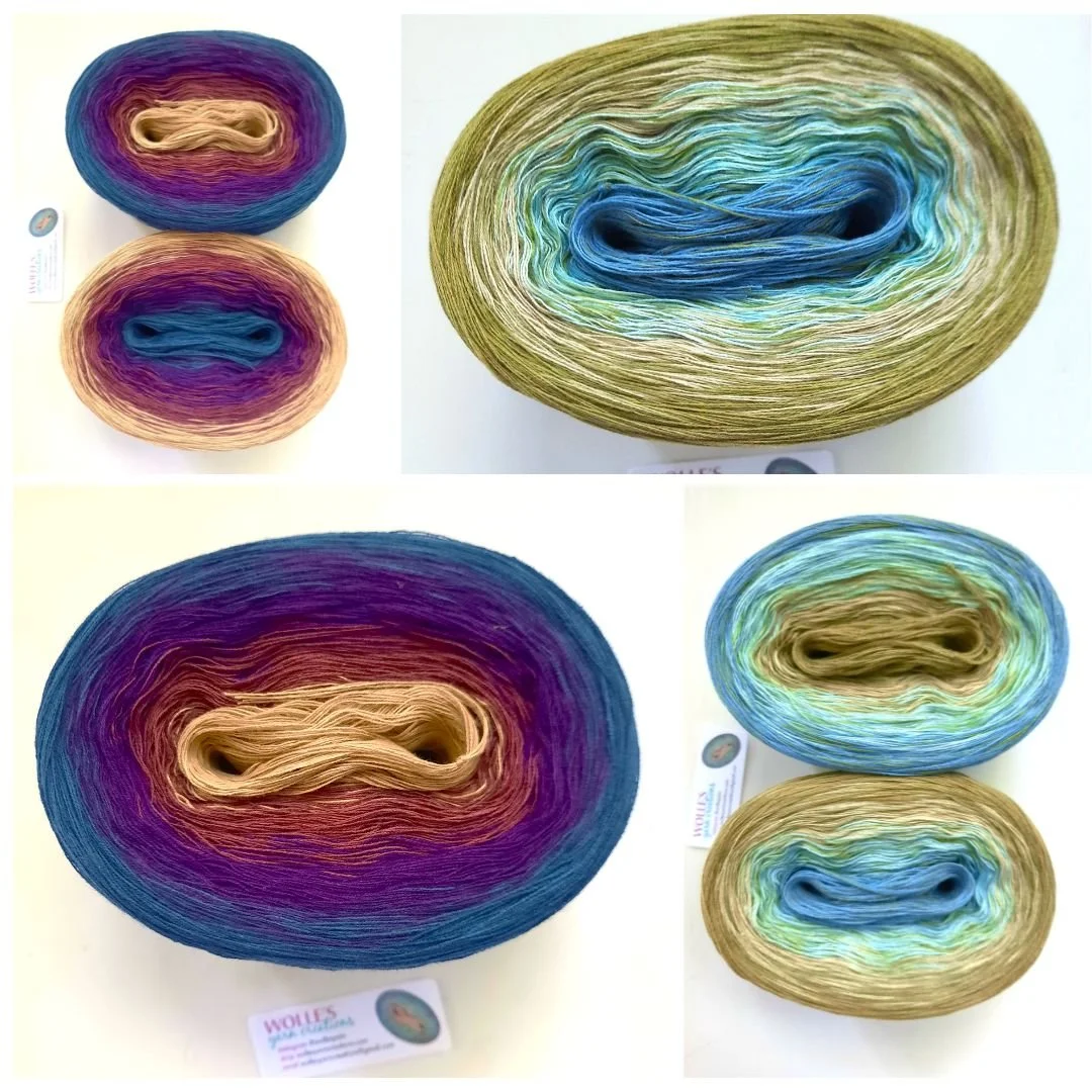 New fall colors: GARDENPOND and MYTH. These are 150 gr skeins with long color runs. More colors online: wollesyarncreation.com 🌸 Order yours today. 
.
.
.
.
.
.
#shawlknitter #shawlknittersofinstagram #artyarns #everydayknitter #knitsharelove #yarno