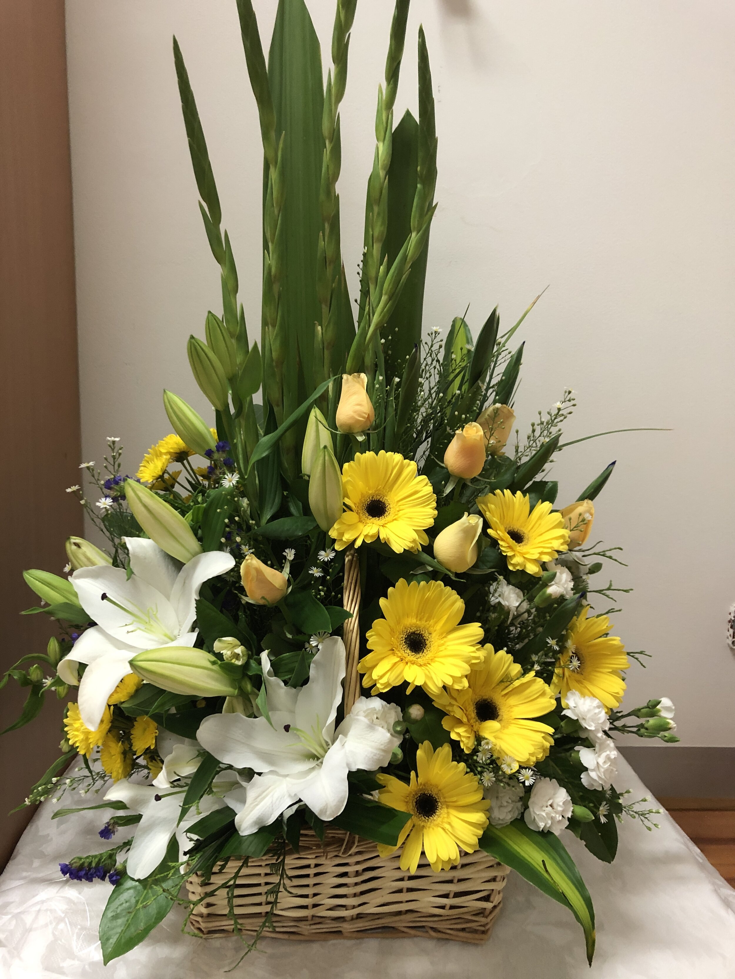 Basket of White Lilies, Yellow roses and Yellow Gebras