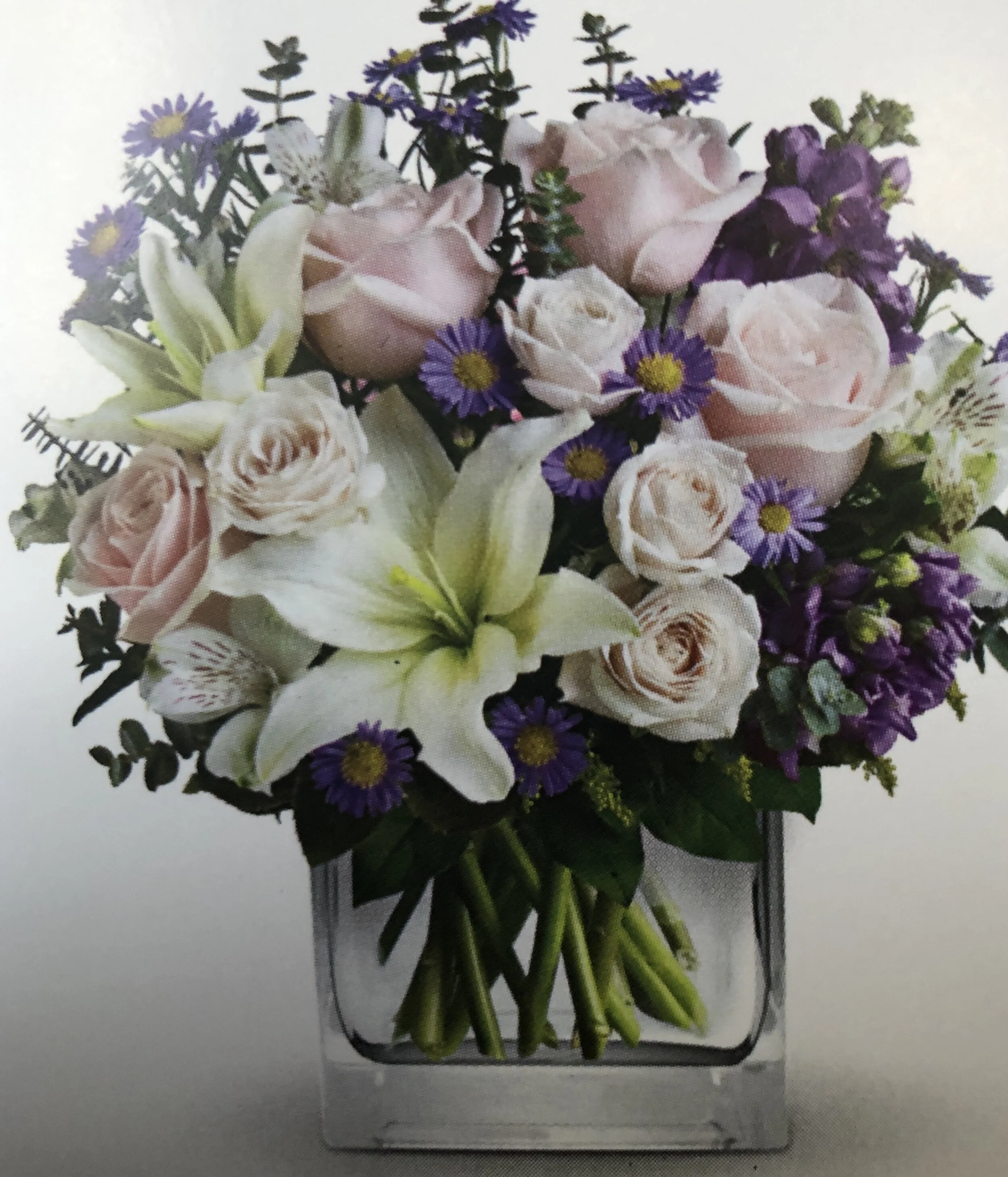 WATERCOLOUR WISHES - PASTEL ARRANGEMENT OF ROSES LILIES AND LILAC FLOWERS