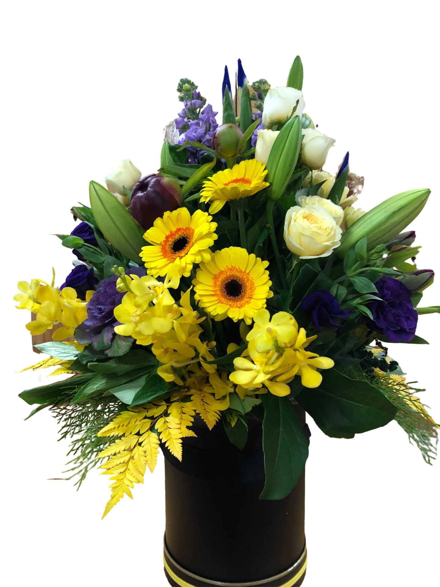 TENISHA - HAT BOX OF FLOWERS IN YELLOW AND PURPLE TONES