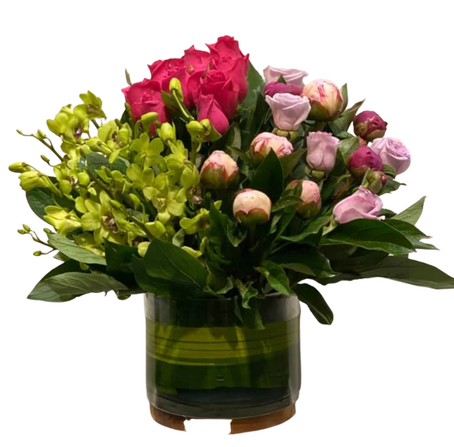JACQUELINE - LEAF LINED GLASS VASE OF MIXED PREMIUM BLOOMS