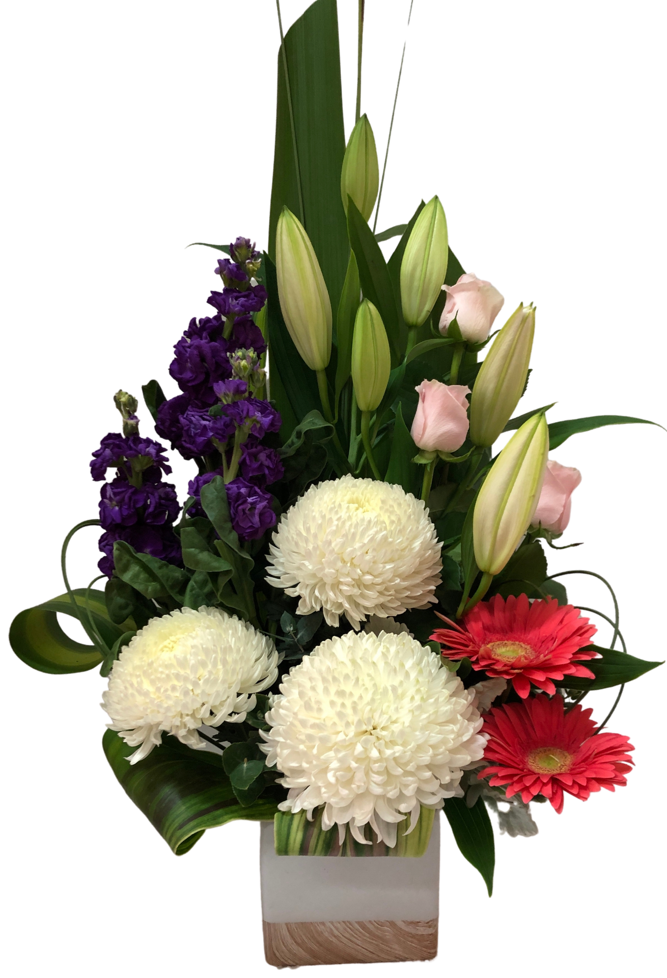 HAZEL - Modern Arrangement of Lillies, Oriental Lilies, Roses, Gebras and Disbud Mums