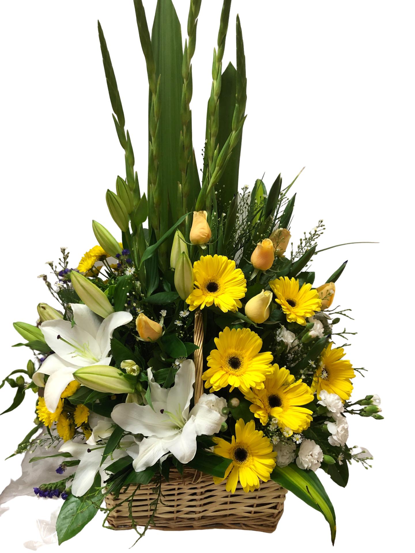 SUNSHINE - BASKET  OF YELLOW, WHITE AND BLUE FLOWERS