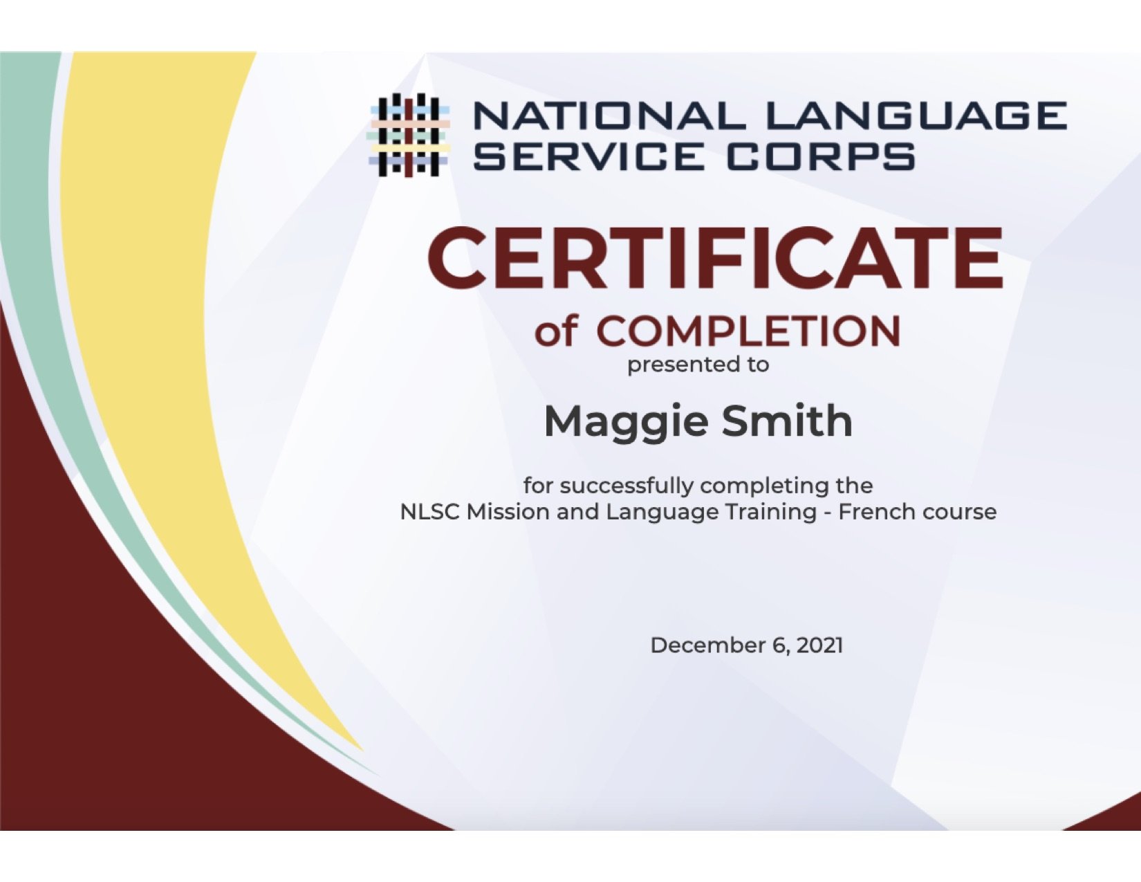 certificate_NLSC completion of French.jpg