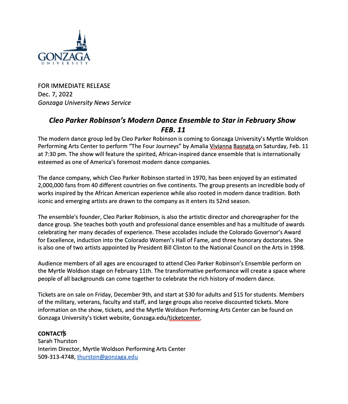 Press Release for Cleo Parker Robinson Dance Ensemble
