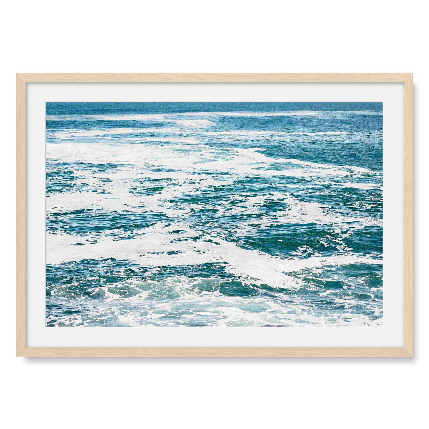 Light maple solid hardwood framed horizontal fine art photography of receding coastal tides taking flotsam out to sea.