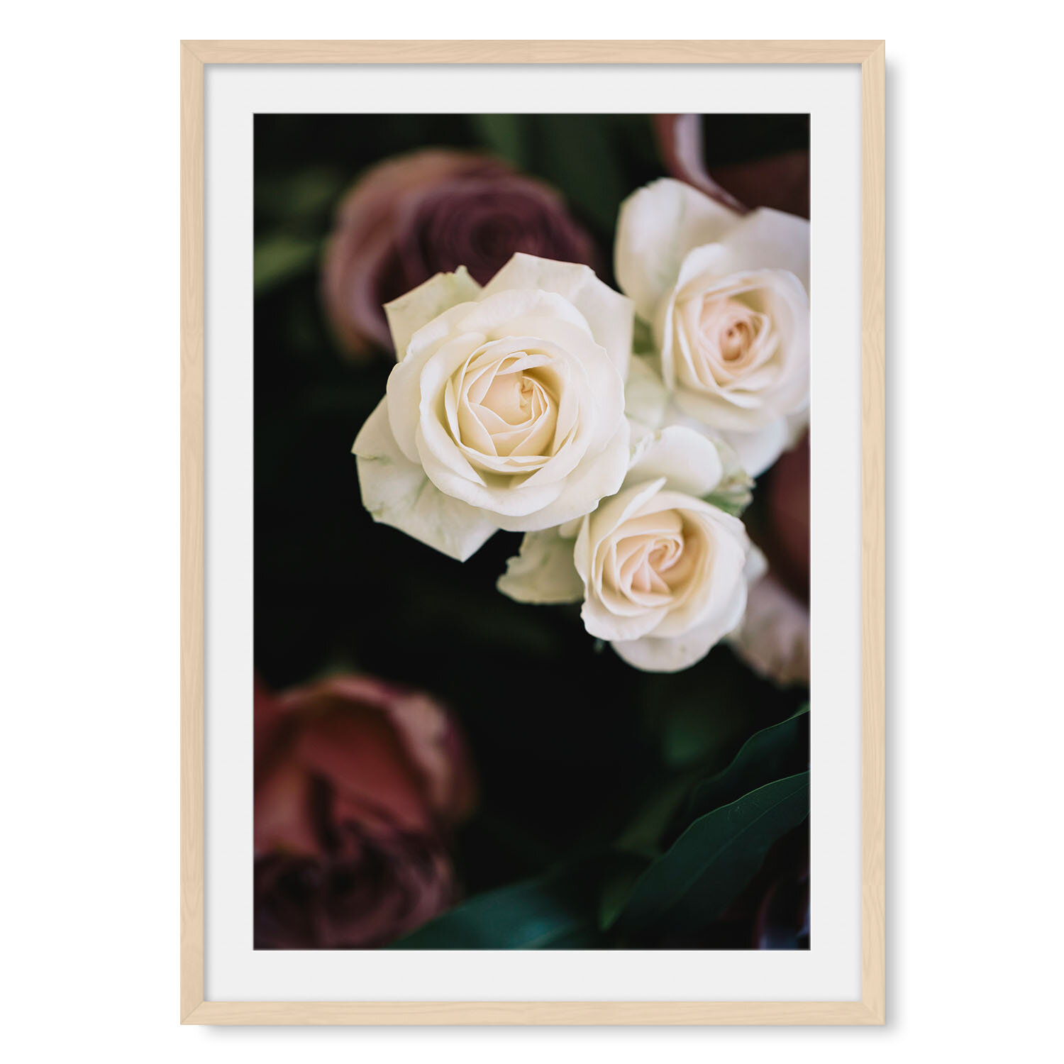 Light maple solid hardwood framed vertical fine art photography of a velvety cream and dusty purple bouquet of roses.