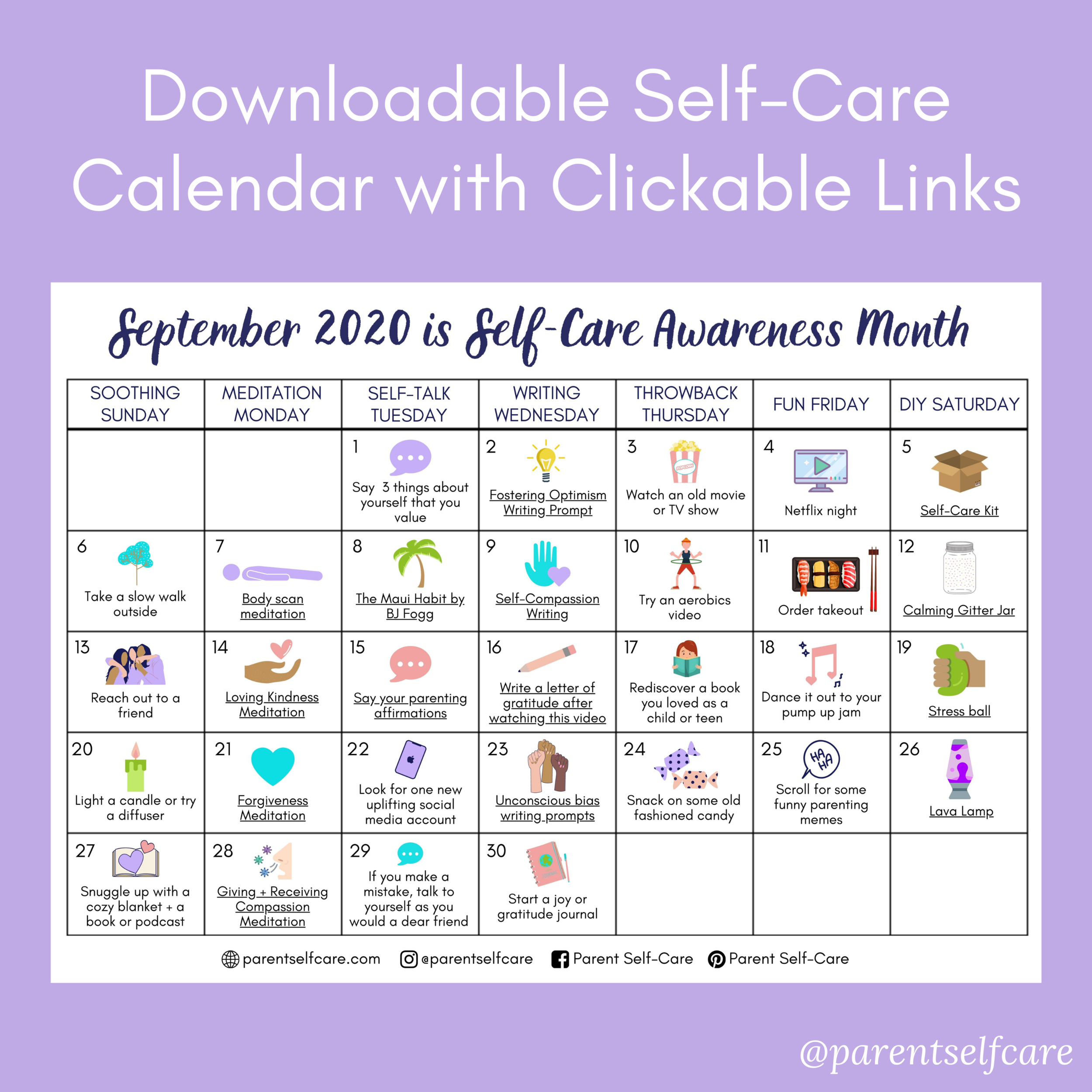 Free downloadable selfcare calendar for September 2020 — Parent Self Care