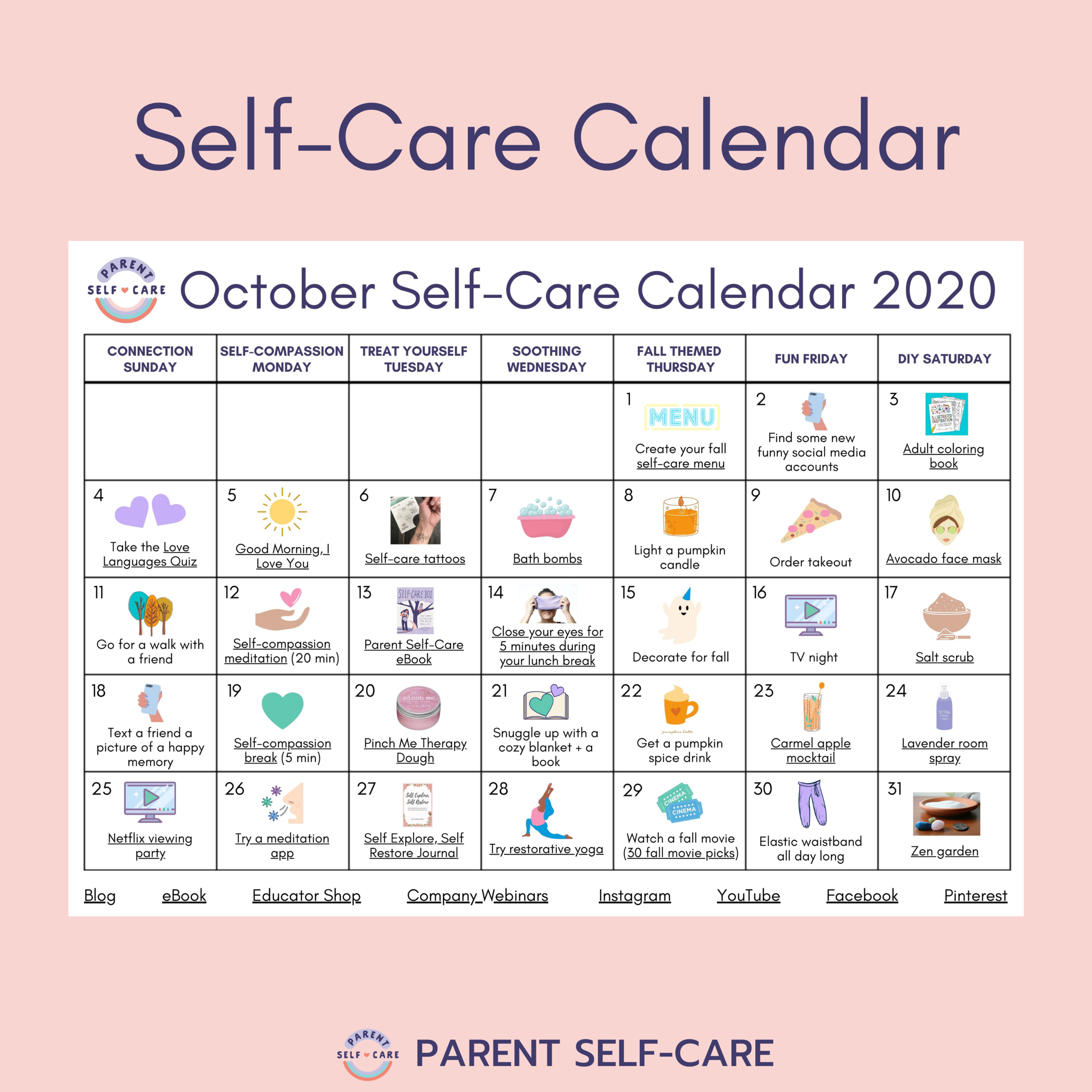 October Self Care Calendar Parent Self Care