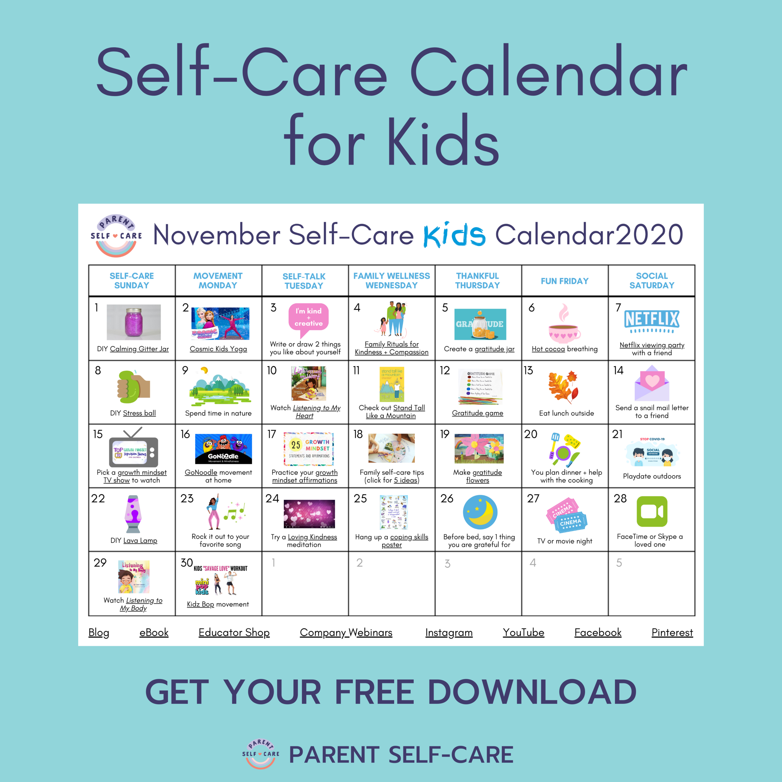 Free November Self-Care Calendars for Parents + Kids