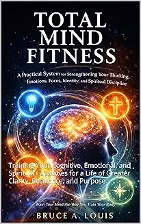 Book cover titled 'Total Mind Fitness' with an illustration of a brain, symbols of a lightbulb and a plus sign, and a cosmic background.