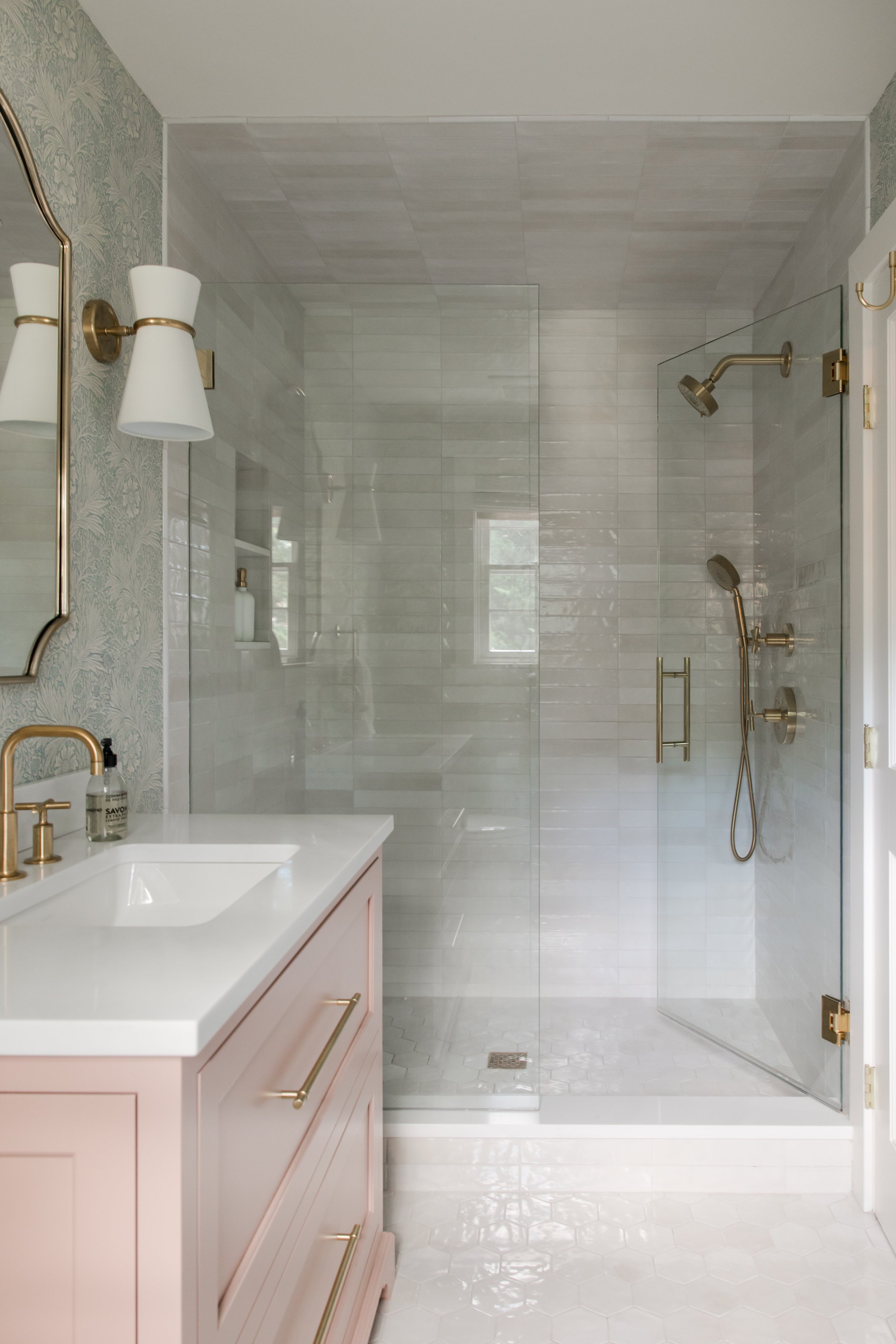 Katherine Gold Design Bathroom Interior Design Blush vanity Blue Wallpaper