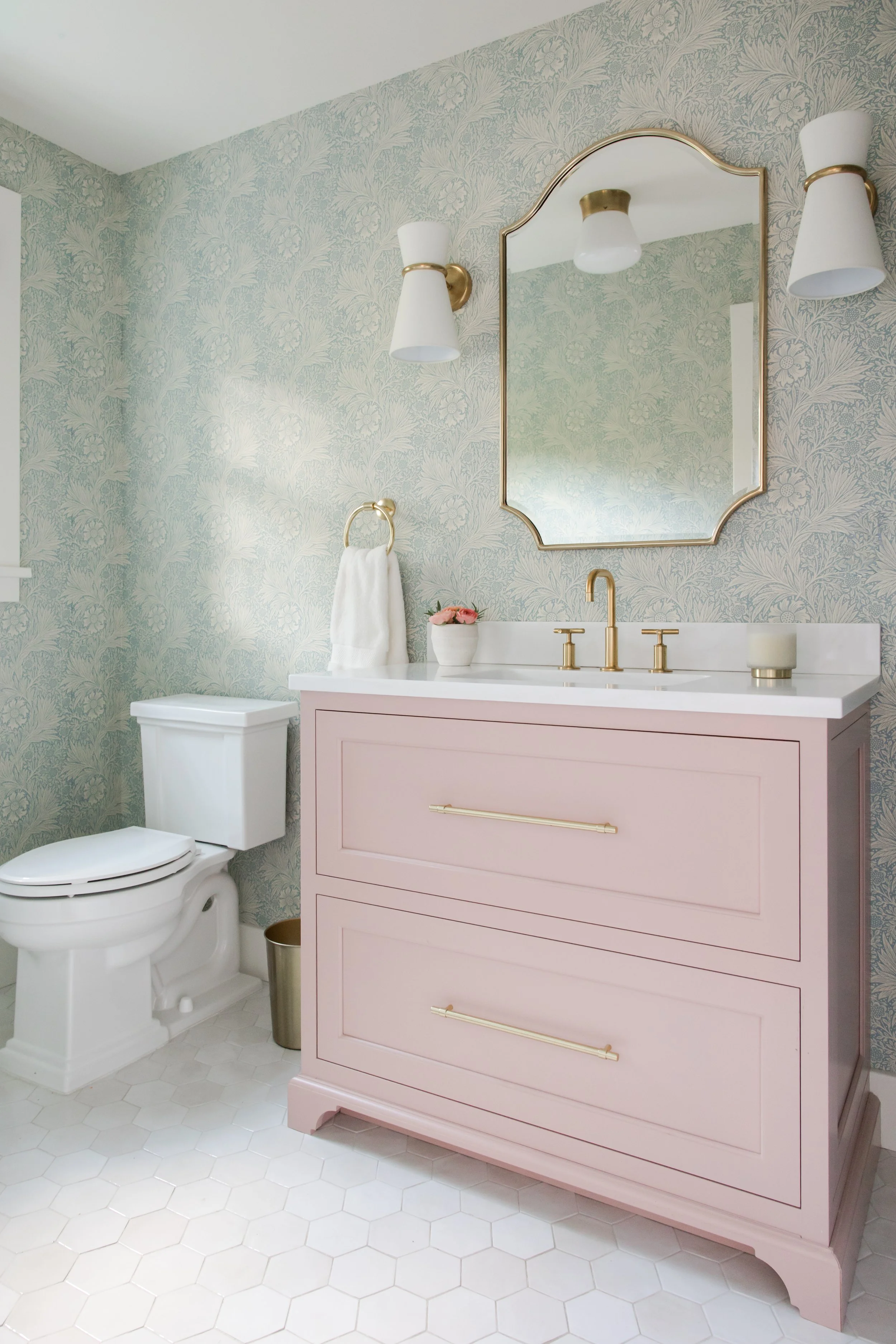 Katherine Gold Design Bathroom Interior Design Blush vanity Blue Wallpaper