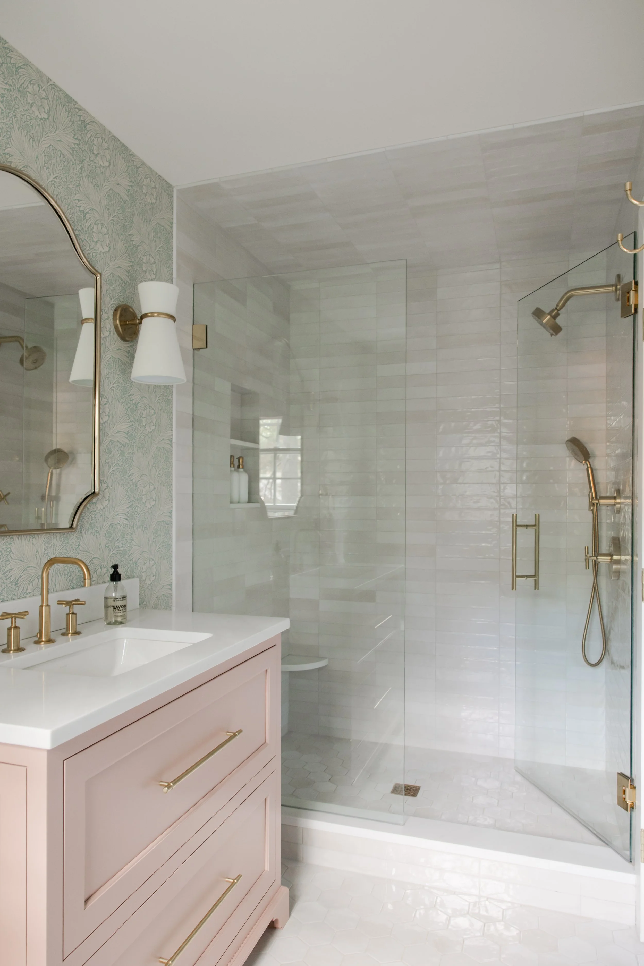 Katherine Gold Design Bathroom Interior Design Blush vanity Blue Wallpaper