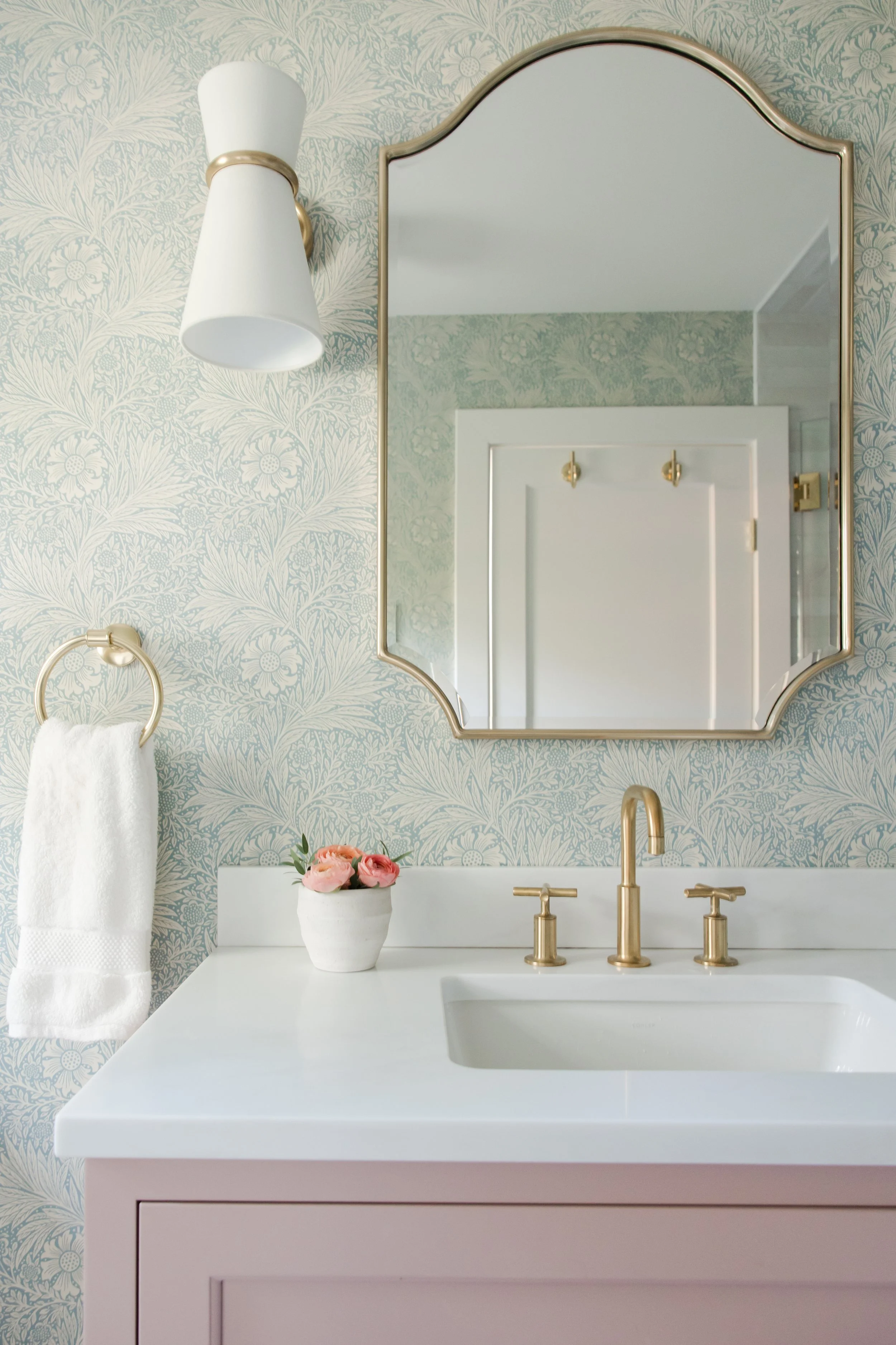 Katherine Gold Design Bathroom Interior Design Blush vanity Blue Wallpaper