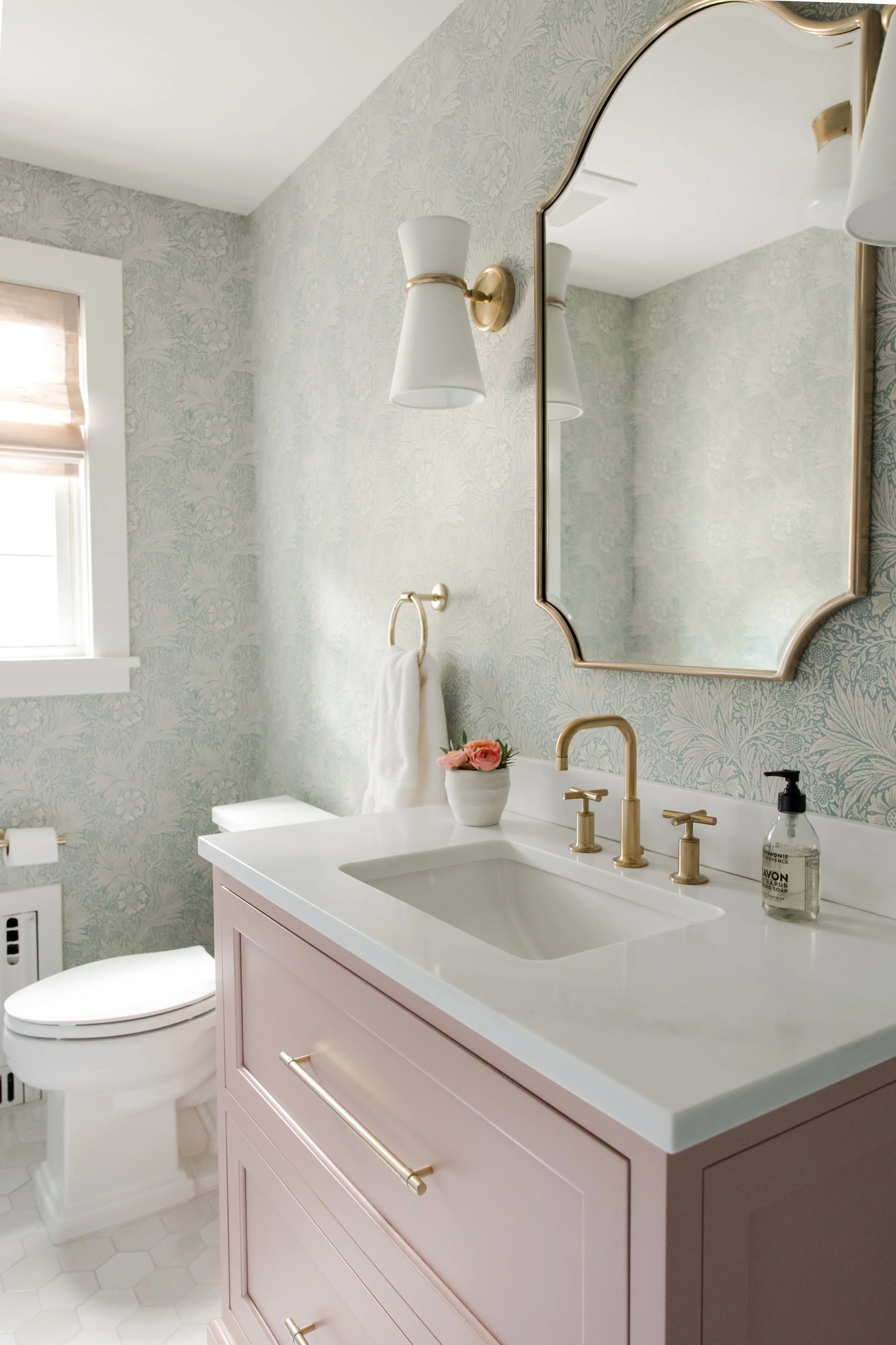 Katherine Gold Design Bathroom Interior Design Blush vanity Blue Wallpaper