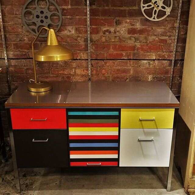 Just in today....celebrate a diversity of colors with a medium sized Space Oddity 1960s Credenza. $595.00 #steelcasecredenza #vintagefinds #vintageseattle  #madmencredenza #vintagefurnitureseattle #rainbow #rusticindustrial