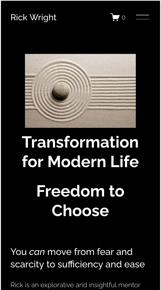 Book cover titled "Transformation for Modern Life: Freedom to Choose" with a minimalist design, featuring a central circular pattern with lines radiating outward, and text emphasizing empowerment and moving from fear to sufficiency.