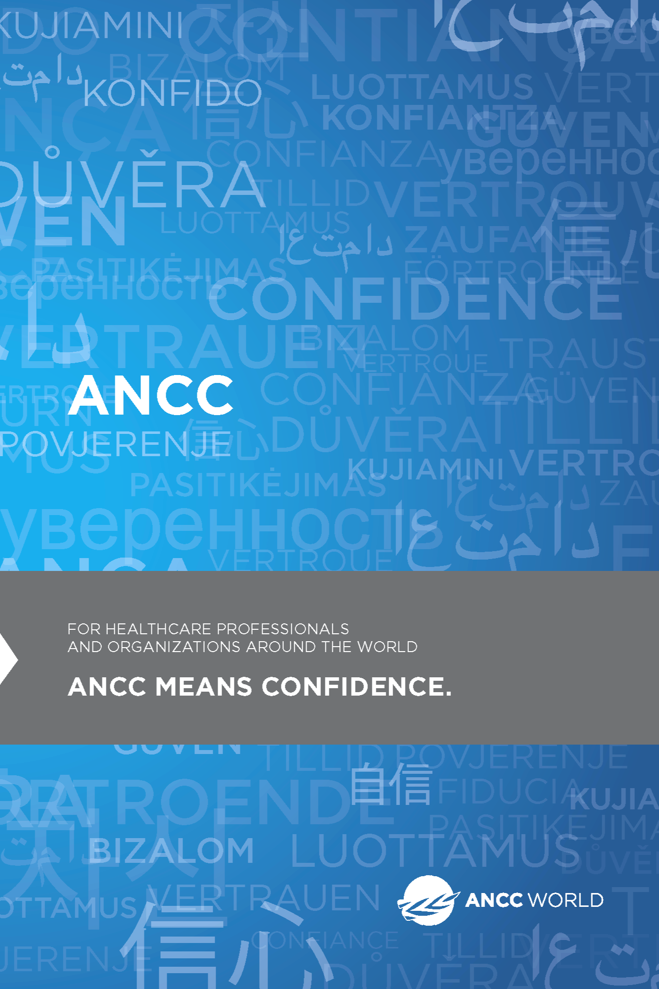Blue background with white and light blue words and phrases related to confidence, trust, and leadership, including the acronym 'ANCC' and the phrase 'ANCC means confidence.'