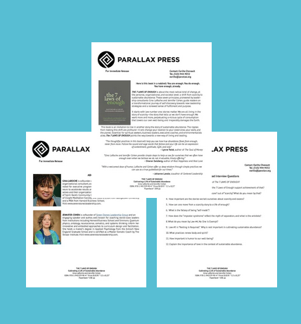 Two pages of a publication on a blue background. The left page features a woman's portrait, textual content, and the logo 'PARALLAX PRESS.' The right page contains textual content, a smaller image of a book titled 'the 7 laws of enough,' and a logo at the top.