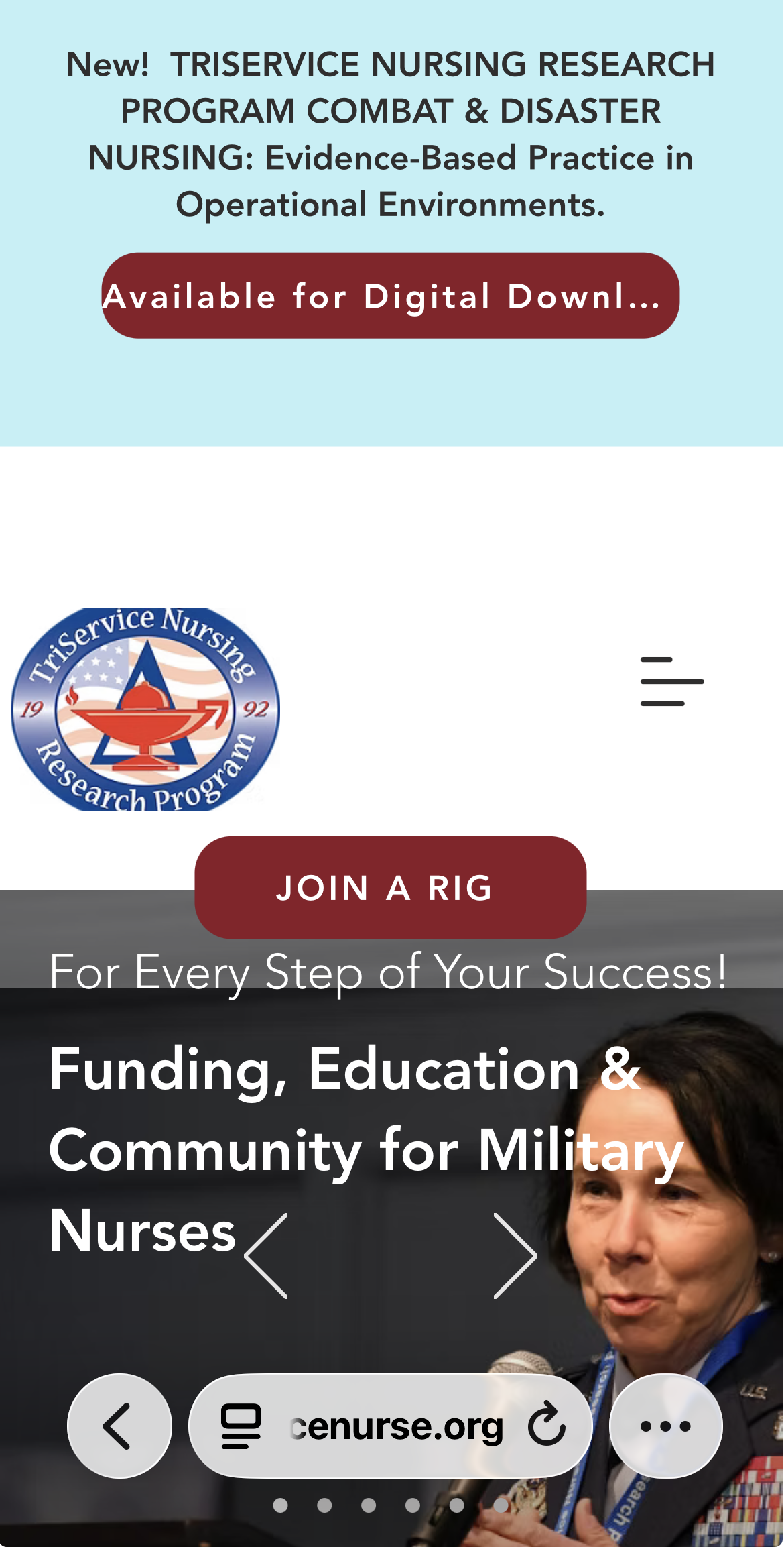 An advertisement for the Triservice Nursing Research Program highlighting evidence-based practice in operational environments, with a headline about new research and a call to join a rig, featuring a person speaking into a microphone and the website cenurse.org.