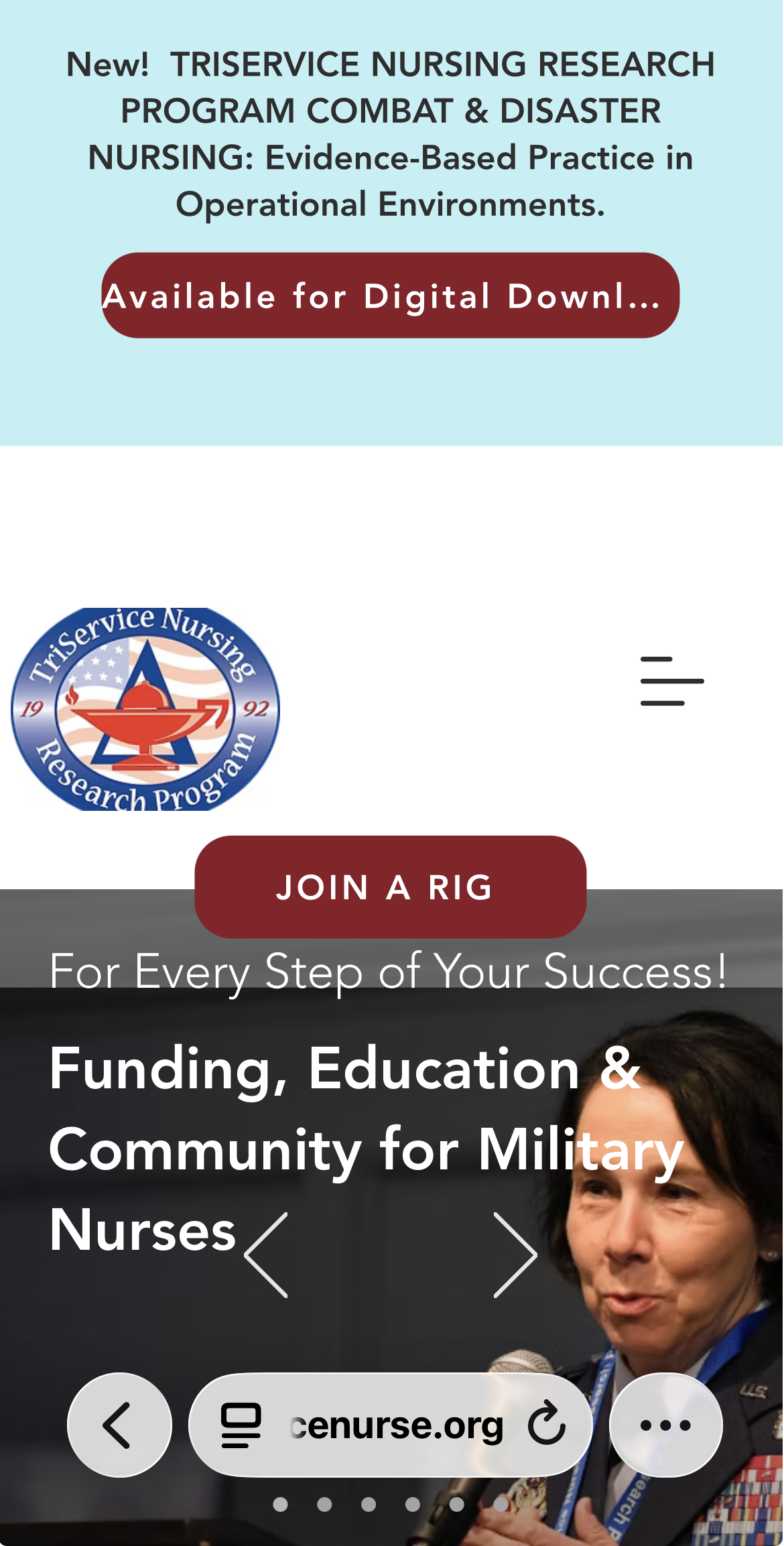 An advertisement for the Triservice Nursing Research Program highlighting evidence-based practice in operational environments, with a headline about new research and a call to join a rig, featuring a person speaking into a microphone and the website cenurse.org.